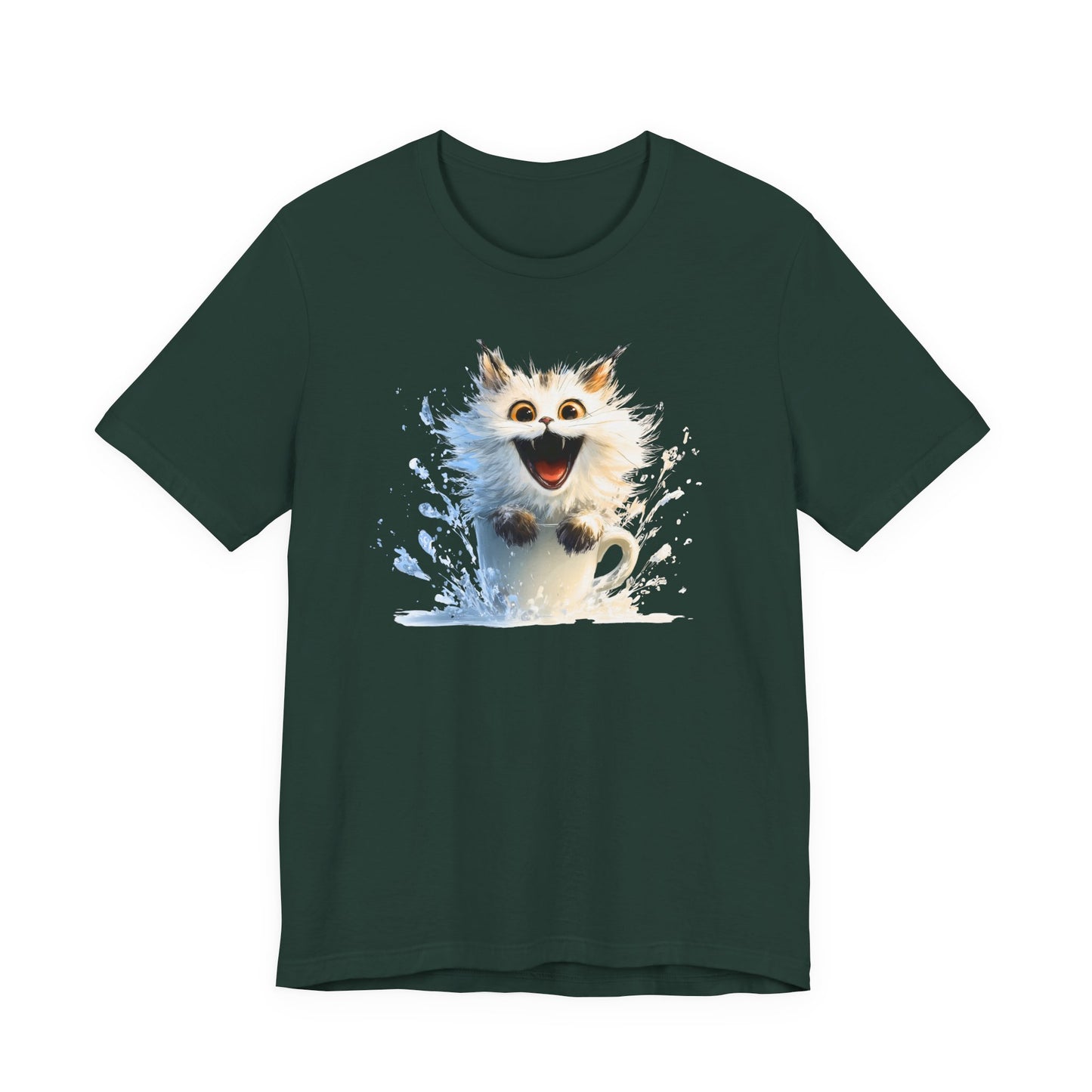 A Green short-sleeve crewneck t-shirt featuring a graphic print of white fluffy cat in a white mug, shown against a plain white background.