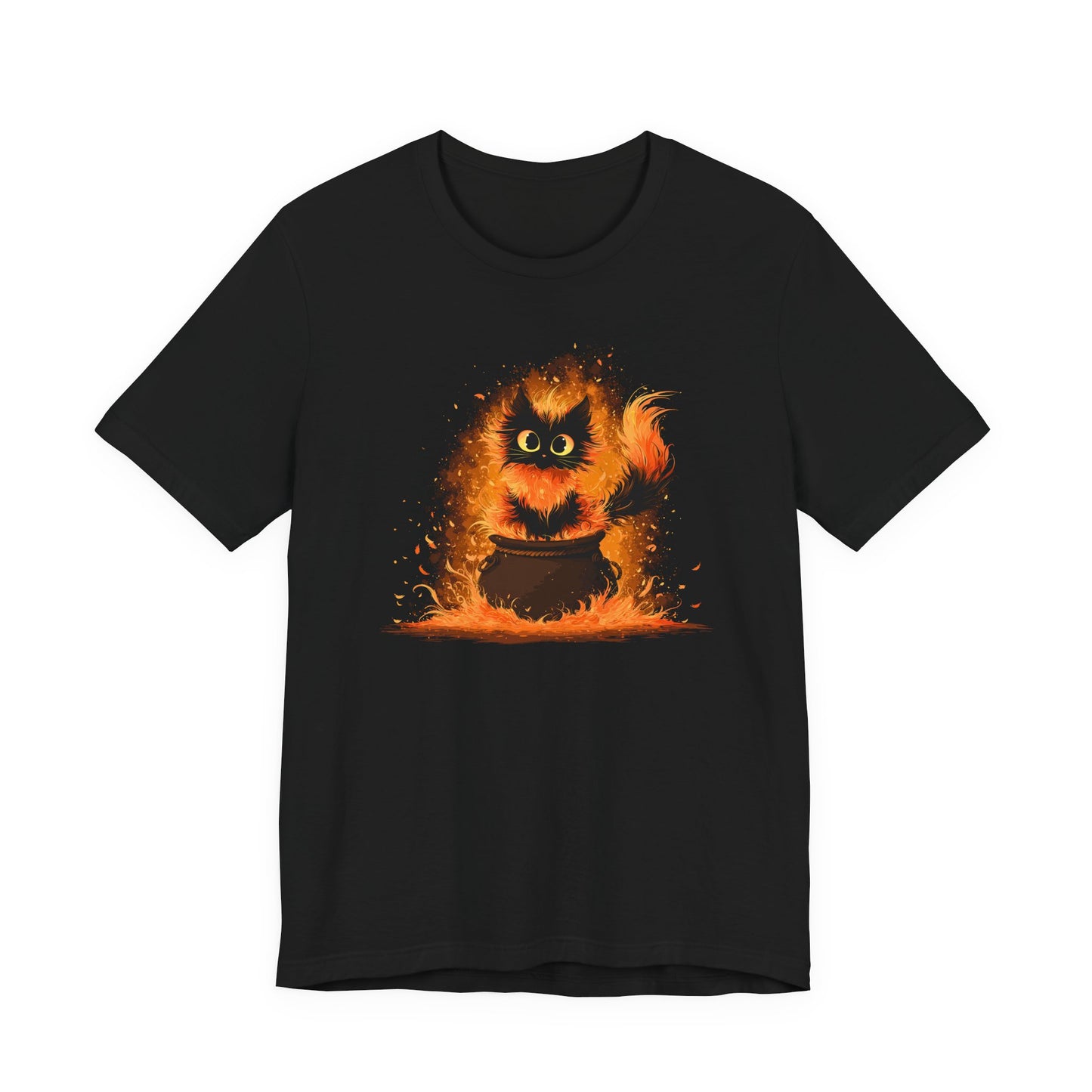 A black short-sleeve crewneck t-shirt featuring a graphic print of a cute, fluffy cat sitting in a cauldron surrounded by orange sparks.