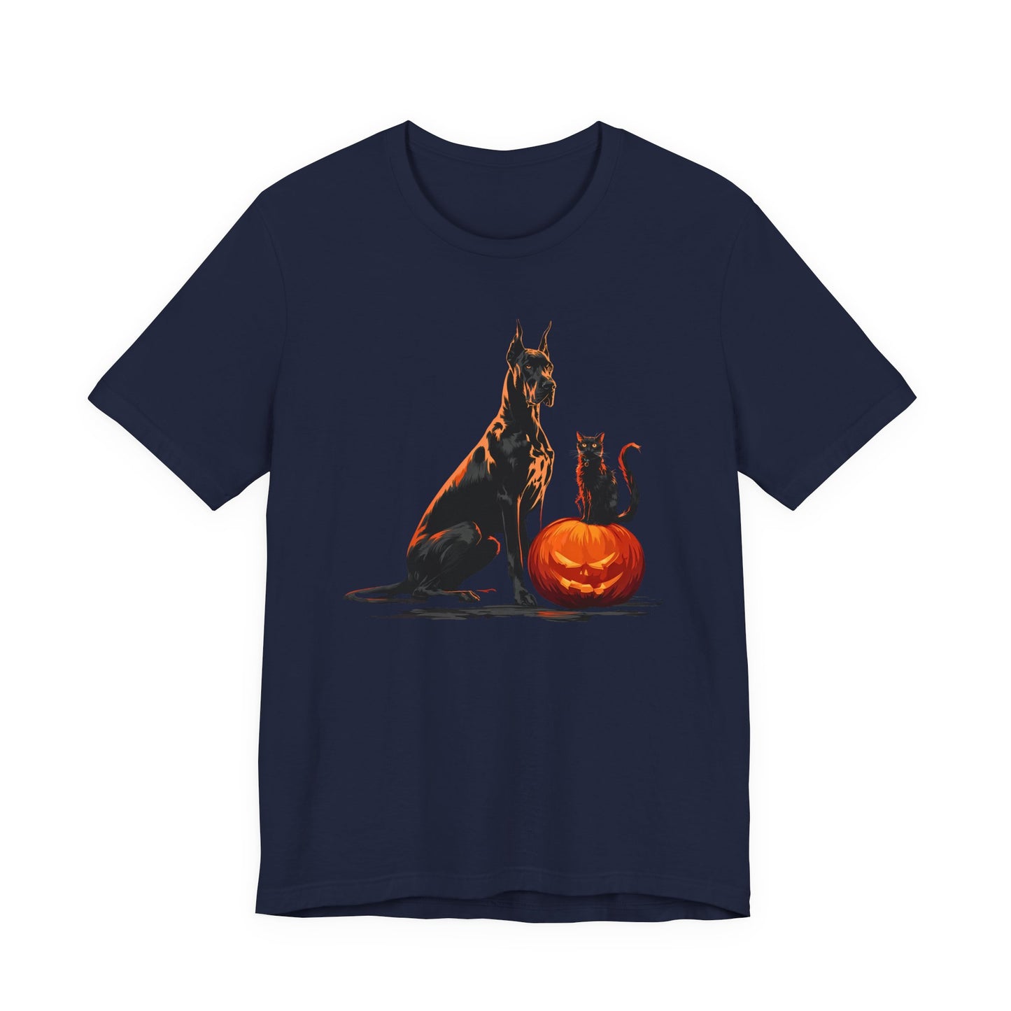 A navy blue short-sleeve crewneck t-shirt featuring a Halloween graphic of a Great Dane dog, a black cat, and a glowing orange jack-o'-lantern pumpkin on the front, displayed against a solid white background.