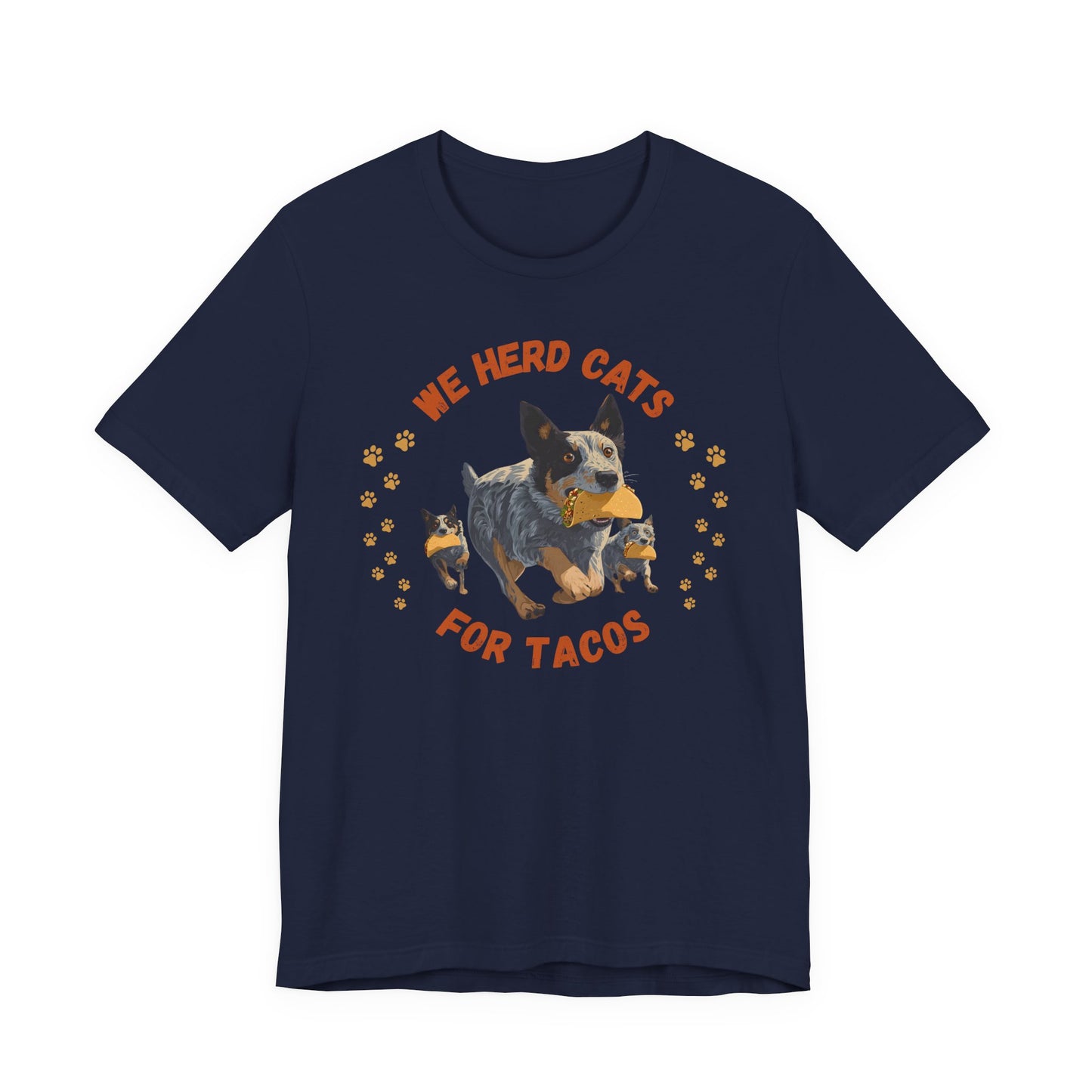 Navy blue t-shirt with a dog and cat graphic and text 'We herd cats for tacos' on a white background