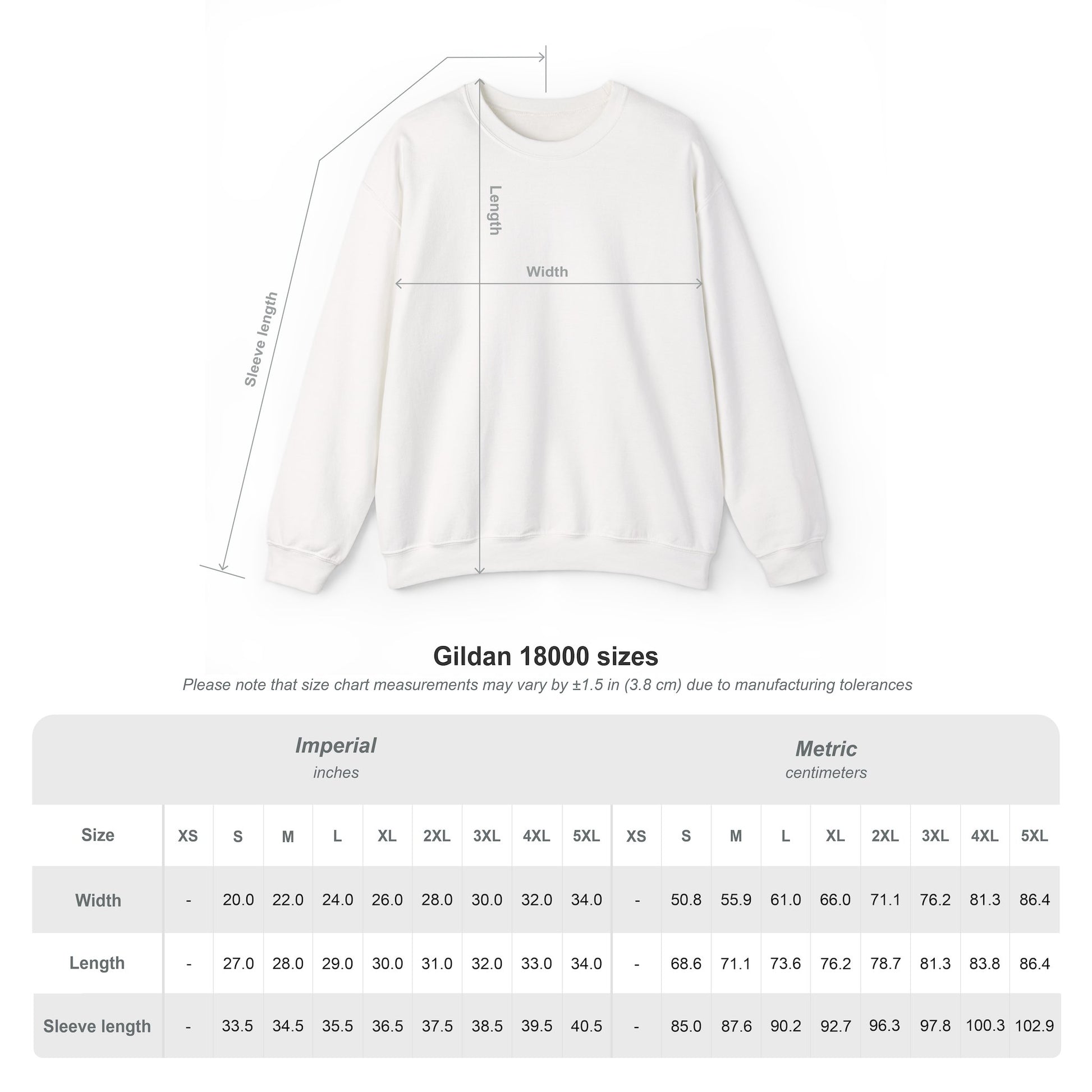 White sweatshirt with measurement chart on a white background Gidan 18000 size chart