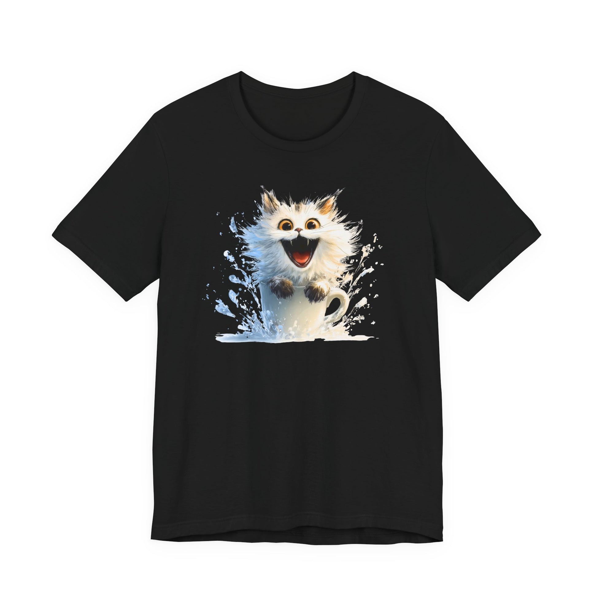 A black short-sleeve crewneck t-shirt featuring a graphic print of a  fluffy cat in a white mug shown against a plain white background.
