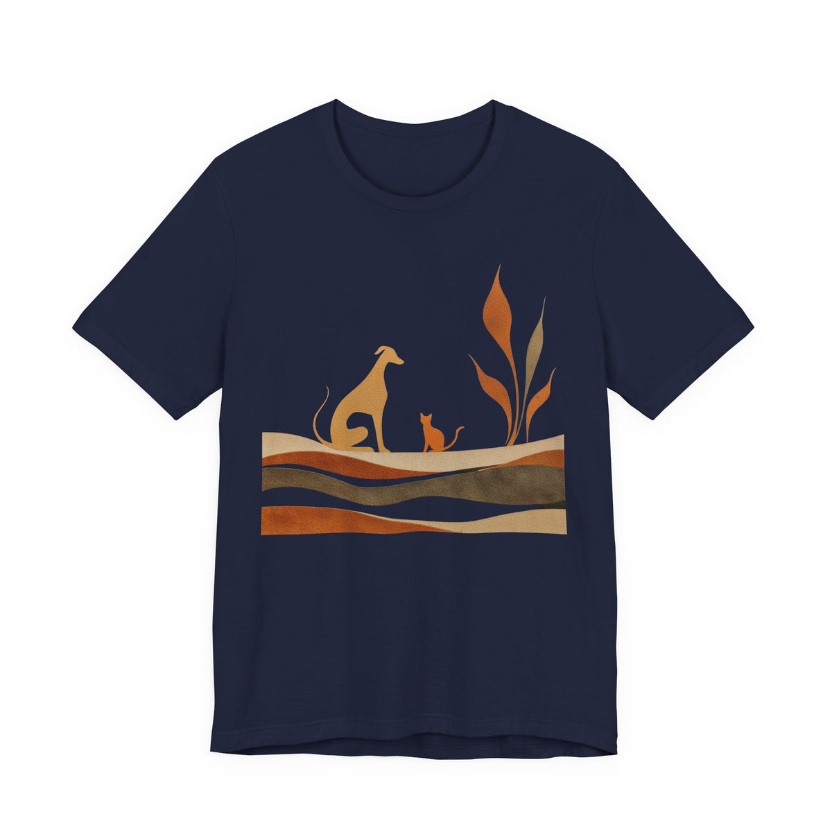 Navy t-shirt featuring a dog and cat silhouette design on a white background.
