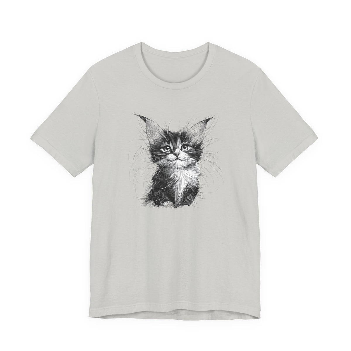 Black and white kitten sketch on a light gray unisex tee