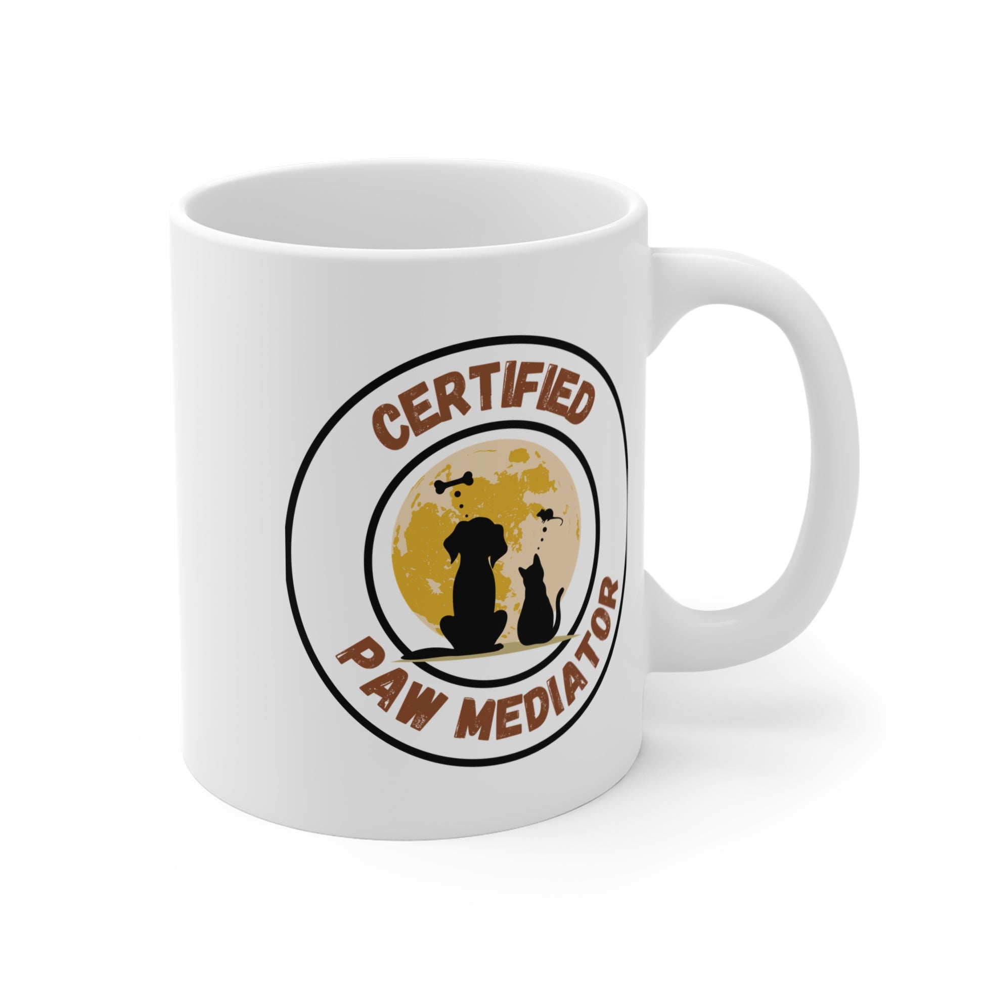 White mug with 'Certified Paw Mediator' design on a wooden table.11oz Coffee Mug
Funny Coffee Cup
Pet Humor Mug
Pet Lover Merch
Animal Themed Gifts
Cute Pet Merch
Coffee Mug Gift
Funny Pet MugPet Parent
Animal Lover
Multi Cat Household
Cat Lover Gifts
Pet Lover Gifts