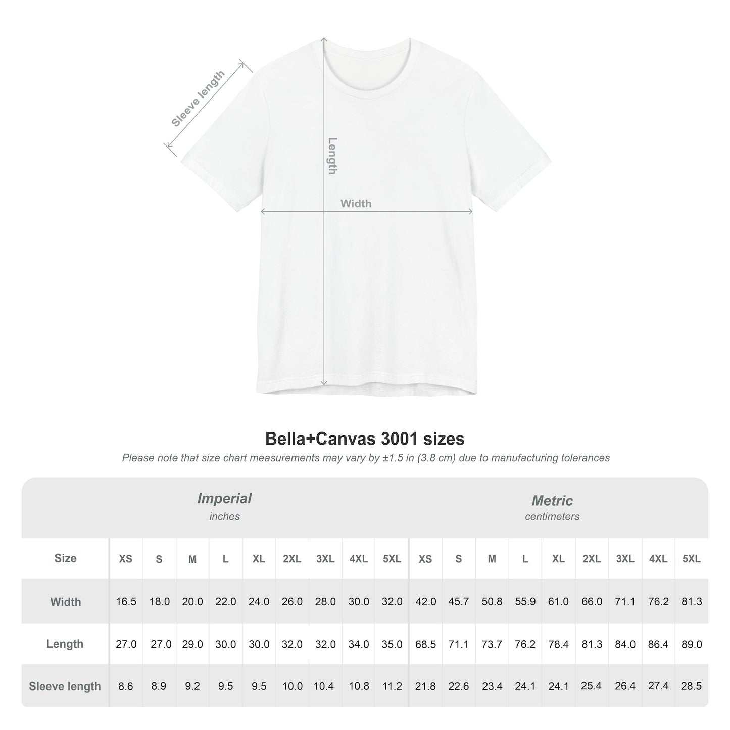 White t-shirt with Size chart on a white background Bella+Canvas 3001