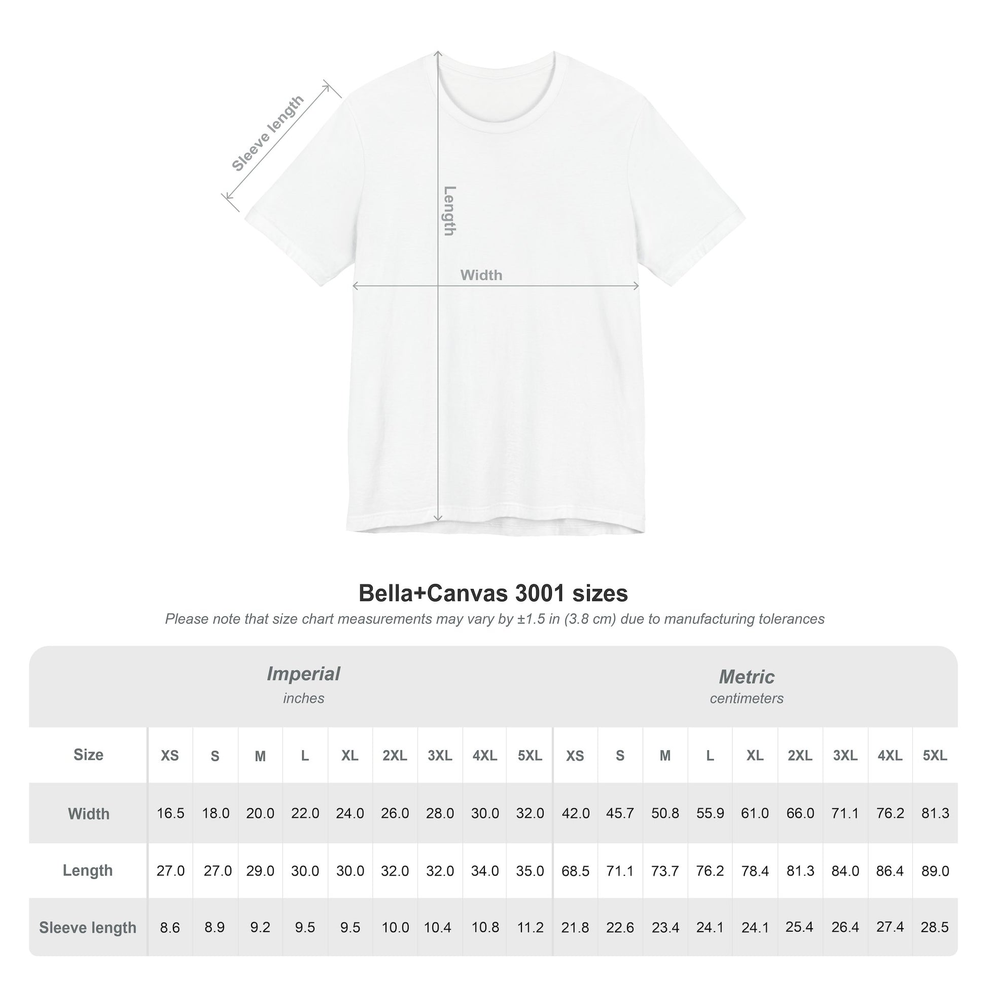 White t-shirt with Size chart on a white background Bella+Canvas 3001