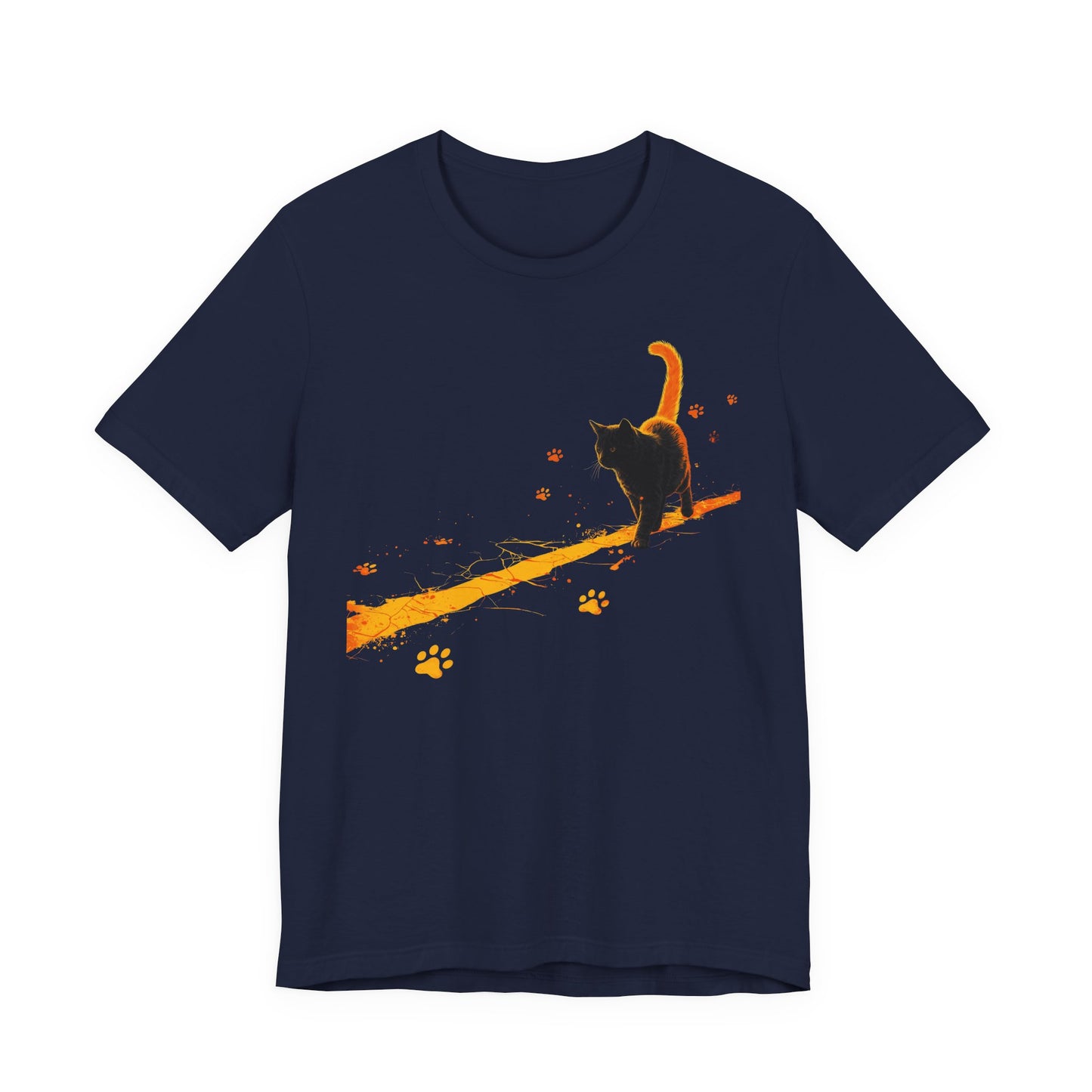 Chaos on a Hot Streak Stray Tee navy cat graphic shirt with glowing orange trail and paw prints