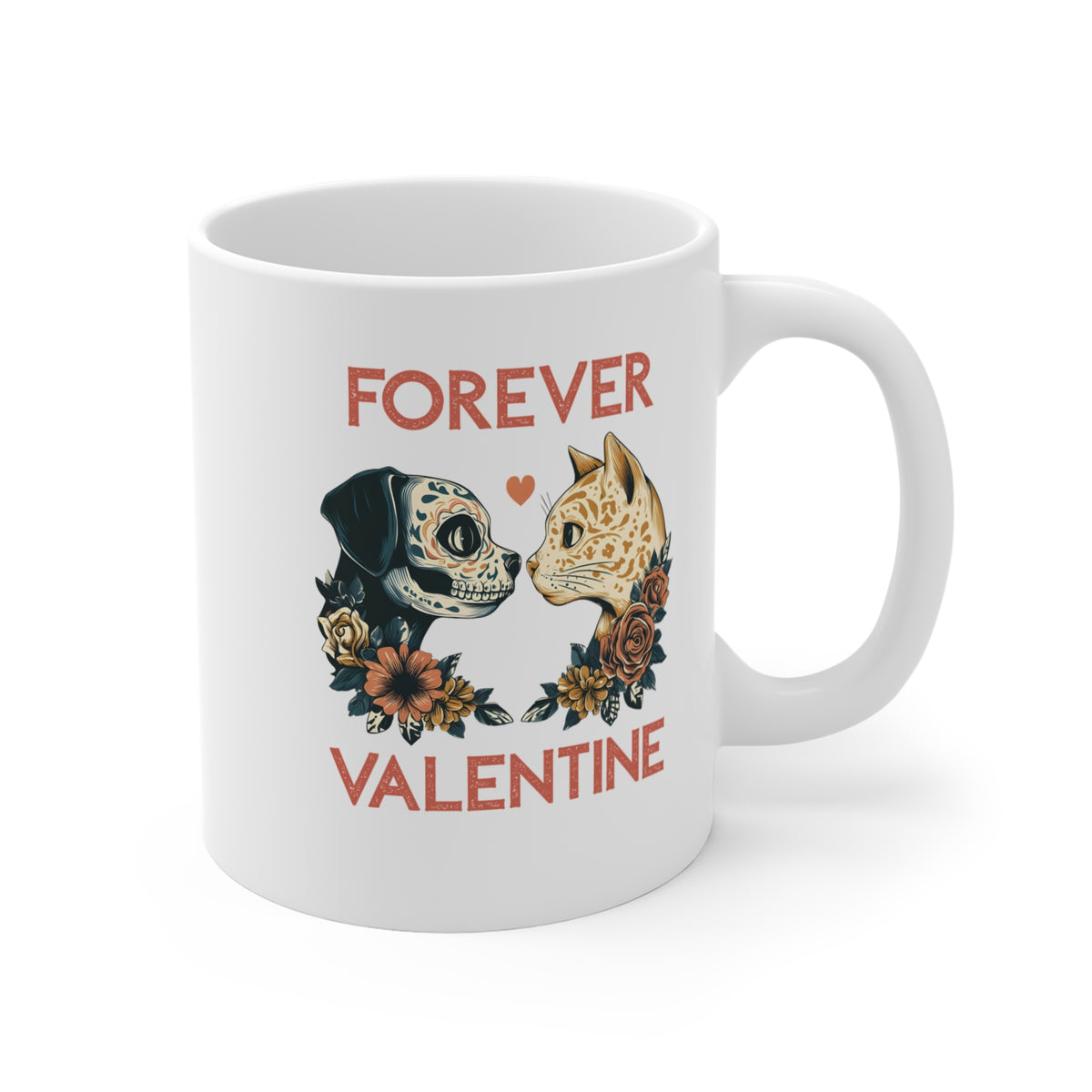 White mug featuring a romantic Day of the Dead dog and cat design with flowers with the caption 'FOREVER VALENTINE'.