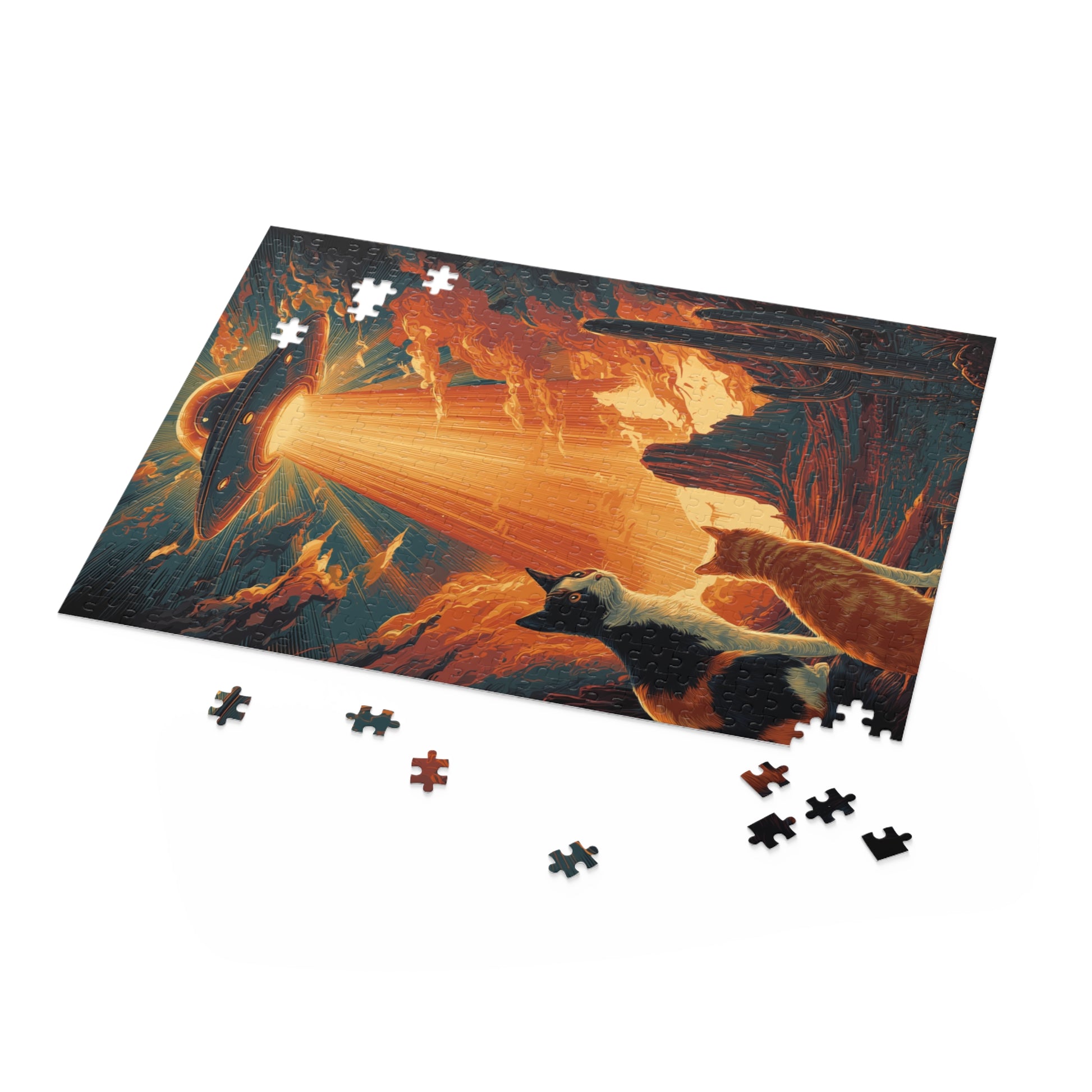 Close-up of alien cat UFO jigsaw puzzle artwork with glowing orange beam, dramatic desert clouds, cactus silhouettes, and glossy puzzle pieces.