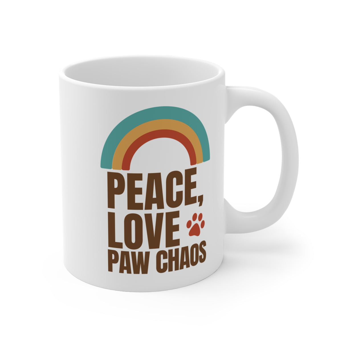 White mug featuring a retro rainbow and the text 'Peace, Love, Paw Chaos'