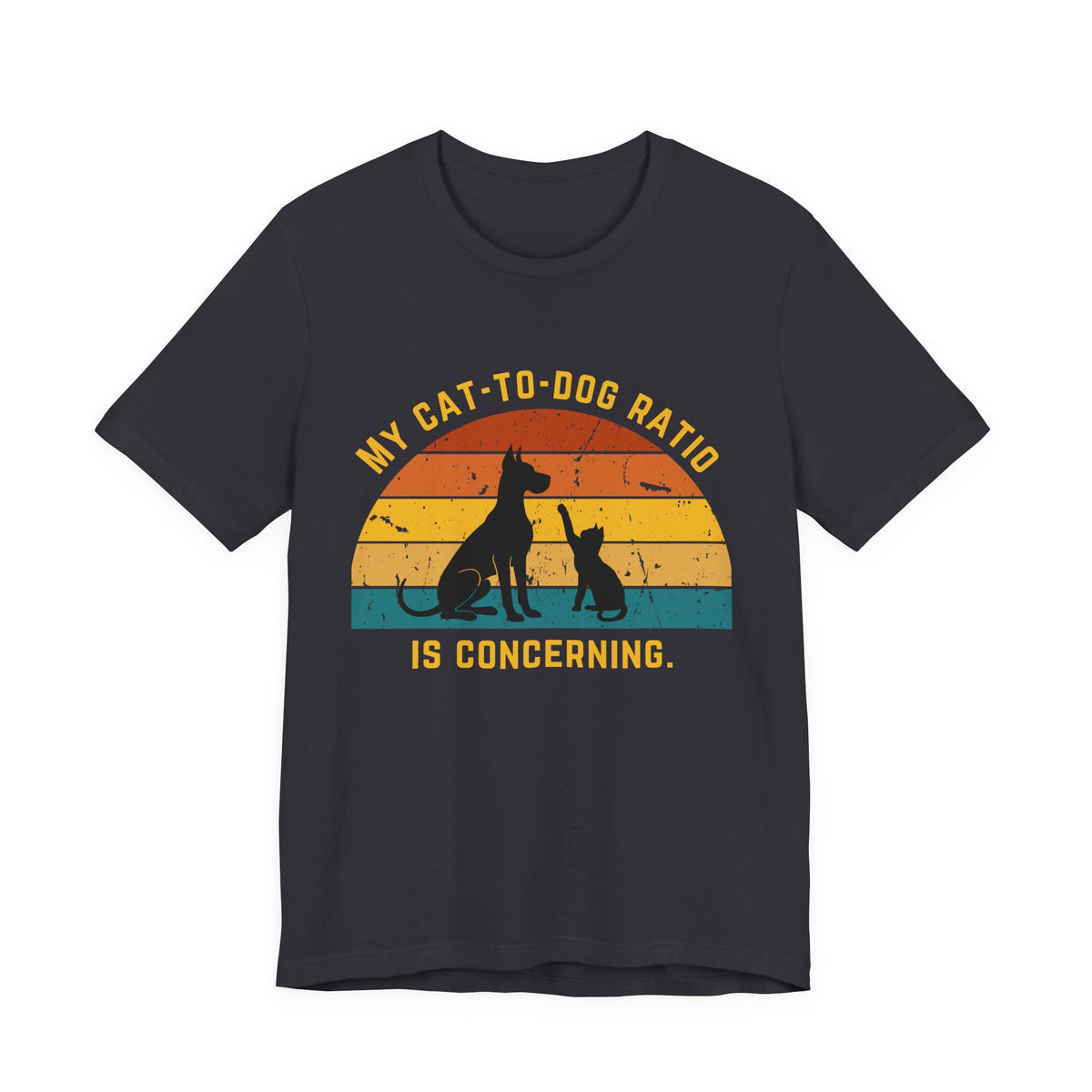 Dark gray t-shirt featuring a retro design with a dog and cat silhouette and the text 'My Cat-to-Dog Ratio Is Concerning.'