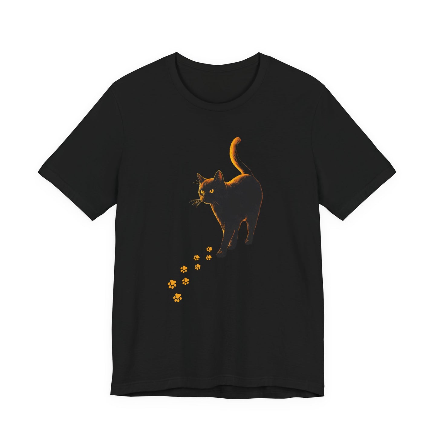 Black Cat Feral Knows All Tee Big Alibi witchy black cat shirt with glowing golden paw prints