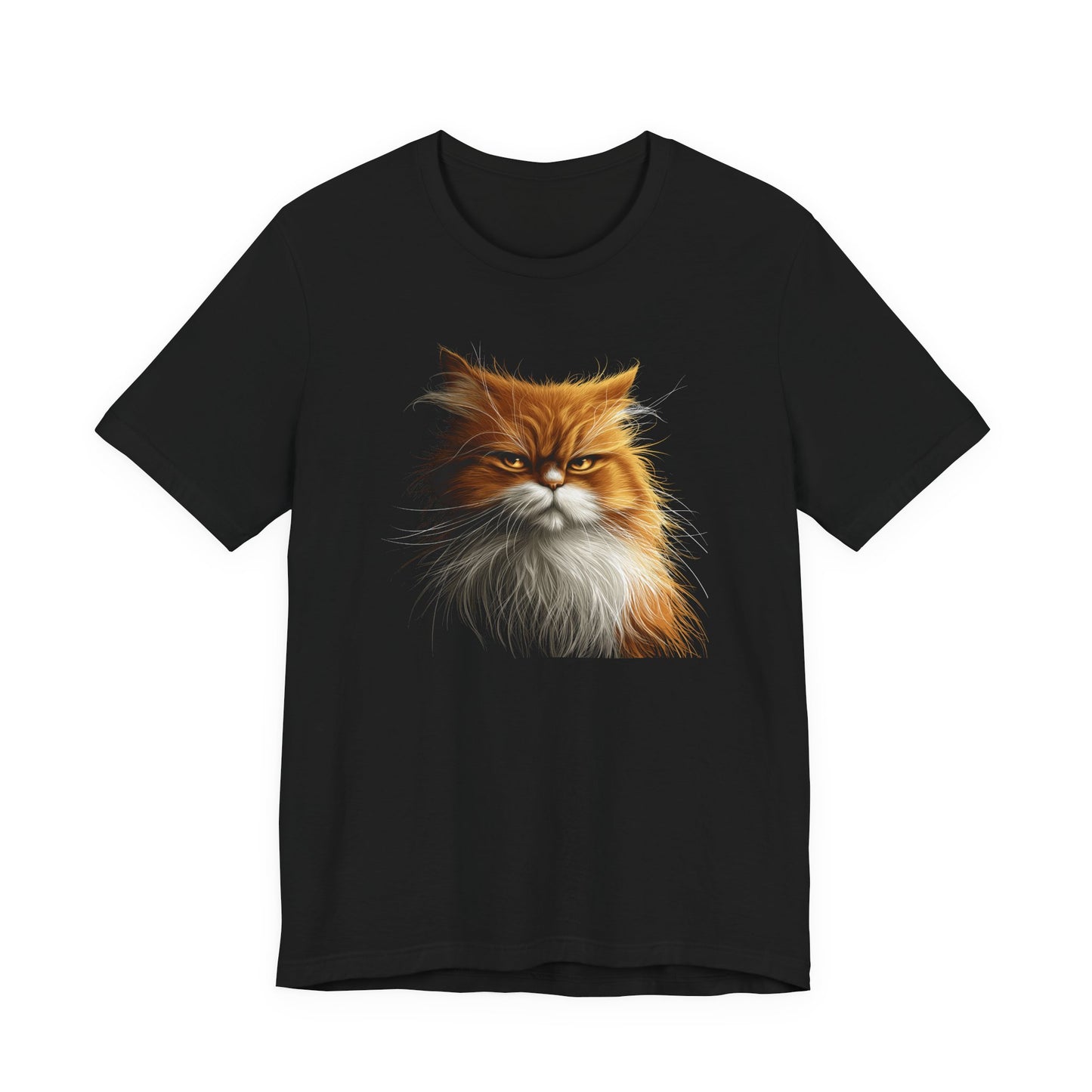 Black t-shirt with a realistic grumpy orange cat portrait centered on the front.