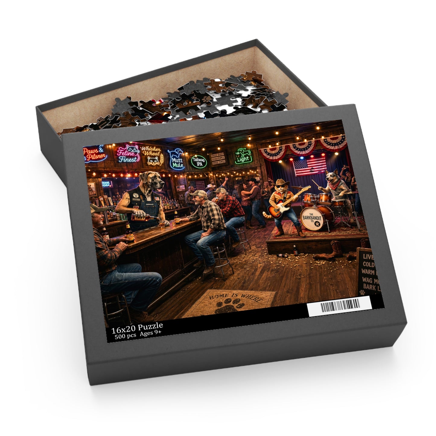 Jigsaw puzzle box with a band playing on stage in a bar scene - honky tonk pet band jigsaw puzzle with orange tabby guitarist, Great Dane bartender, dog drummer, neon signs, and country bar scene