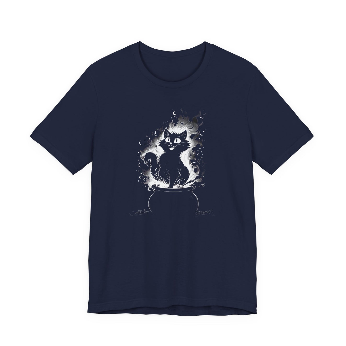 Navy  t-shirt with a white graphic design of a vintage black kitten in a cauldron a white background
