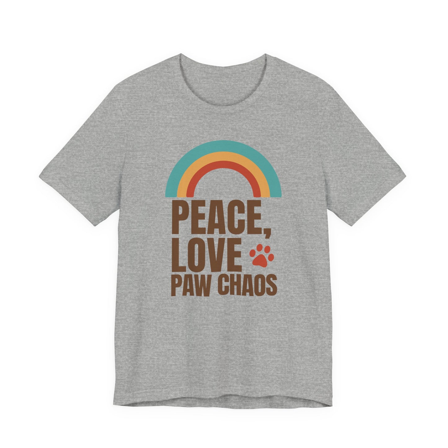 Peace Love Paw Chaos retro rainbow t-shirt, grey, unisex pet lover tee