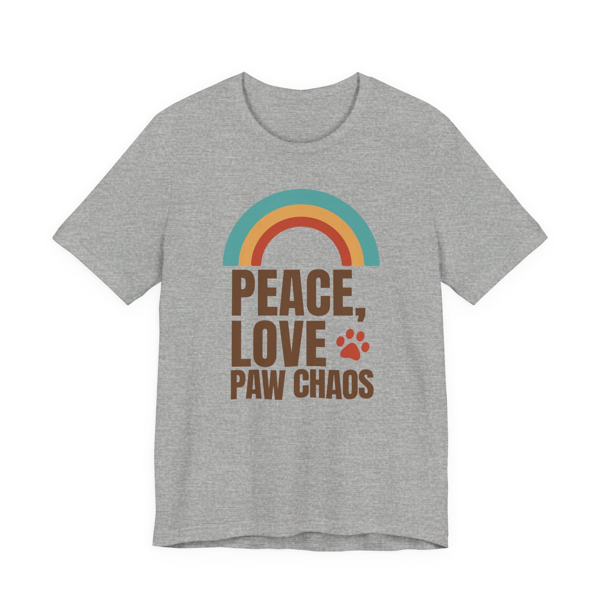 Peace Love Paw Chaos retro rainbow t-shirt, grey, unisex pet lover tee