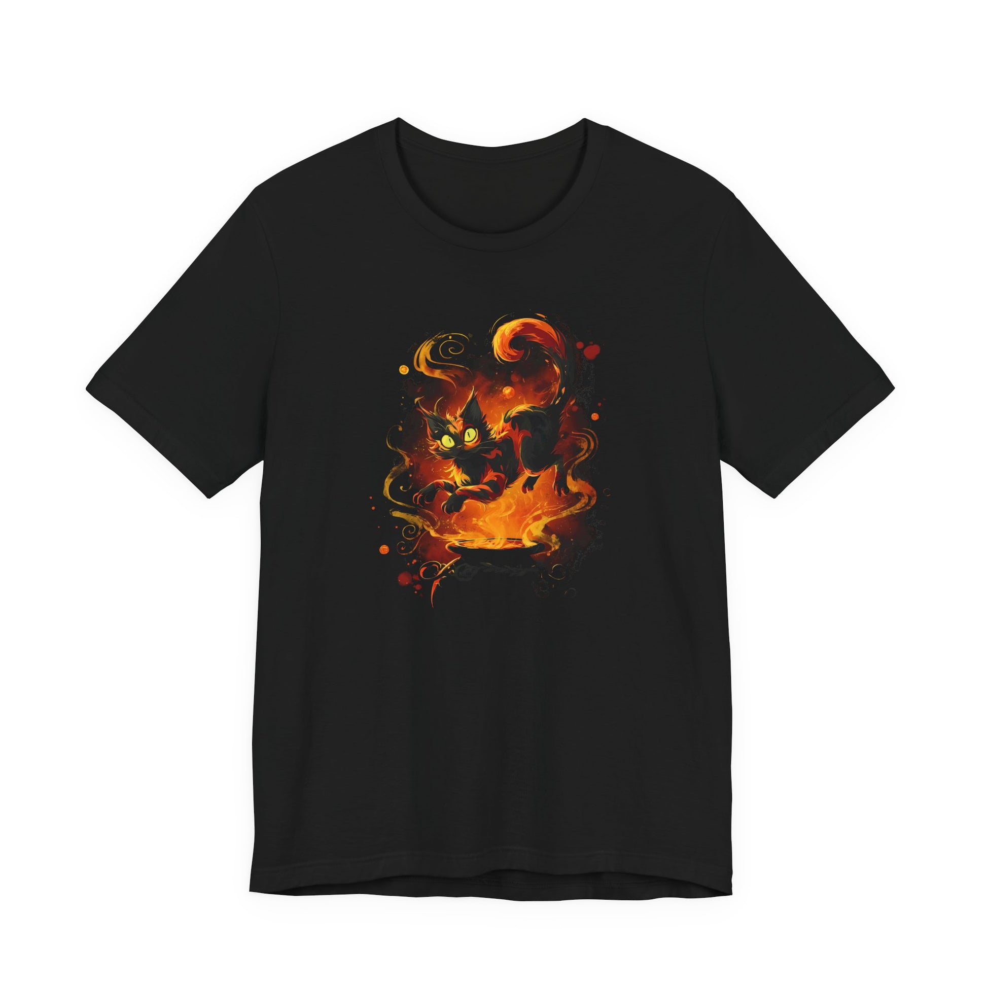 A black t-shirt with a black cat with glowing green eyes, emerging from a fiery void of swirling flames and sparks coming out of a caldron. 
