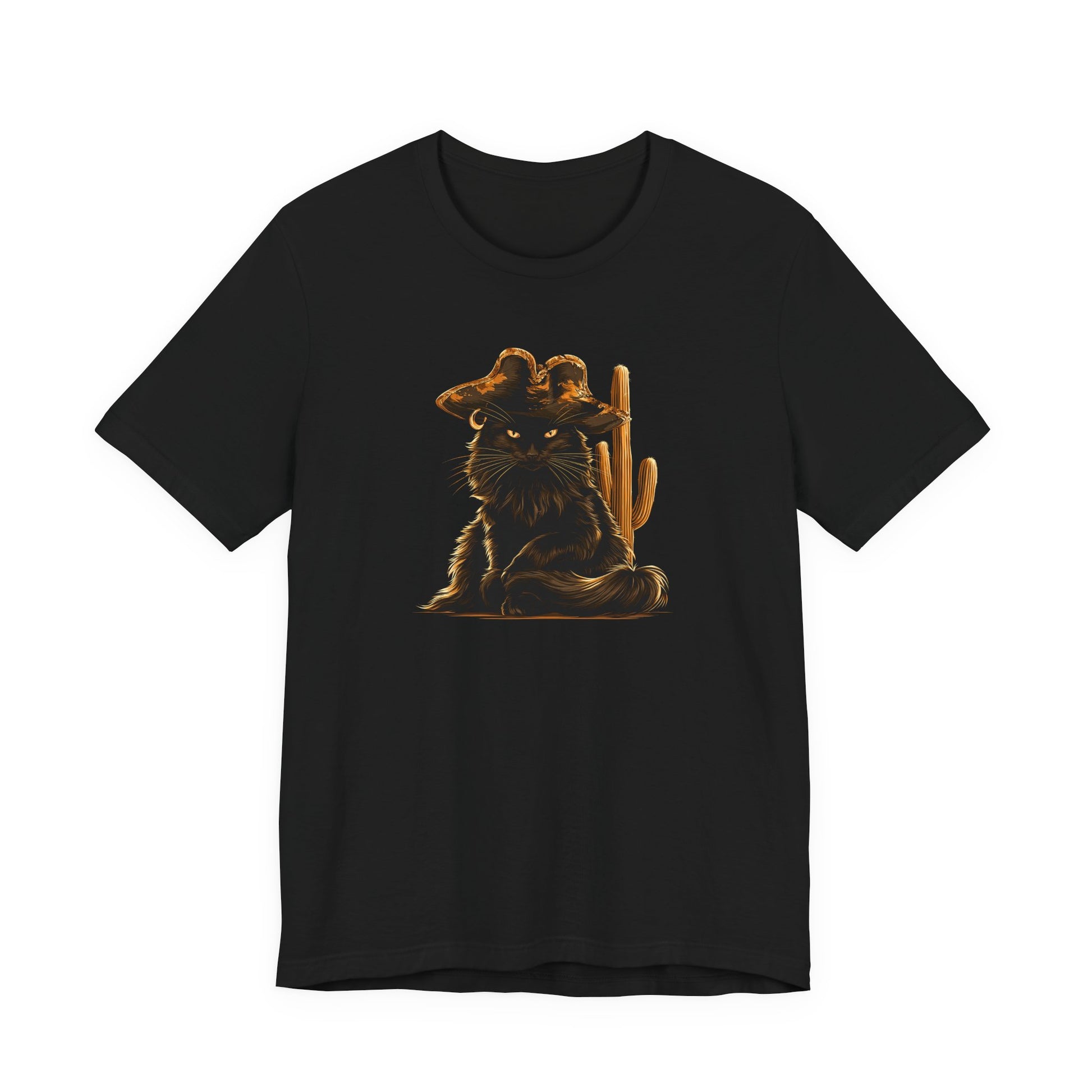 Black tee featuring a cat wearing a cowboy hat next to a cactus