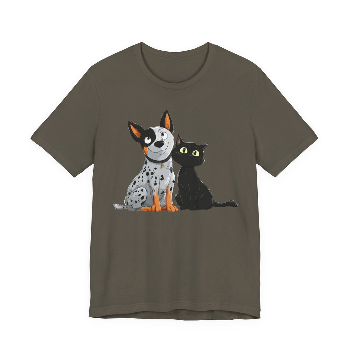 Dark olive tee displaying a playful illustration of a dog and cat.