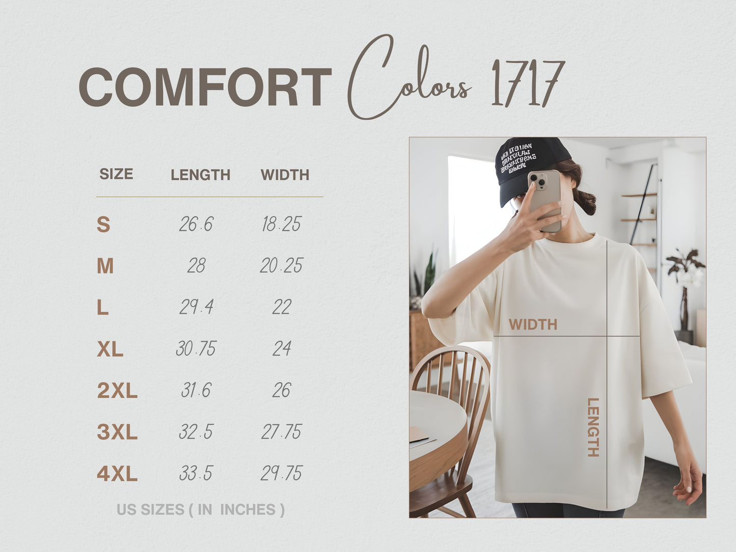 Measurement chart for comfort colors 1717 with a person wearing a white shirt in a room.