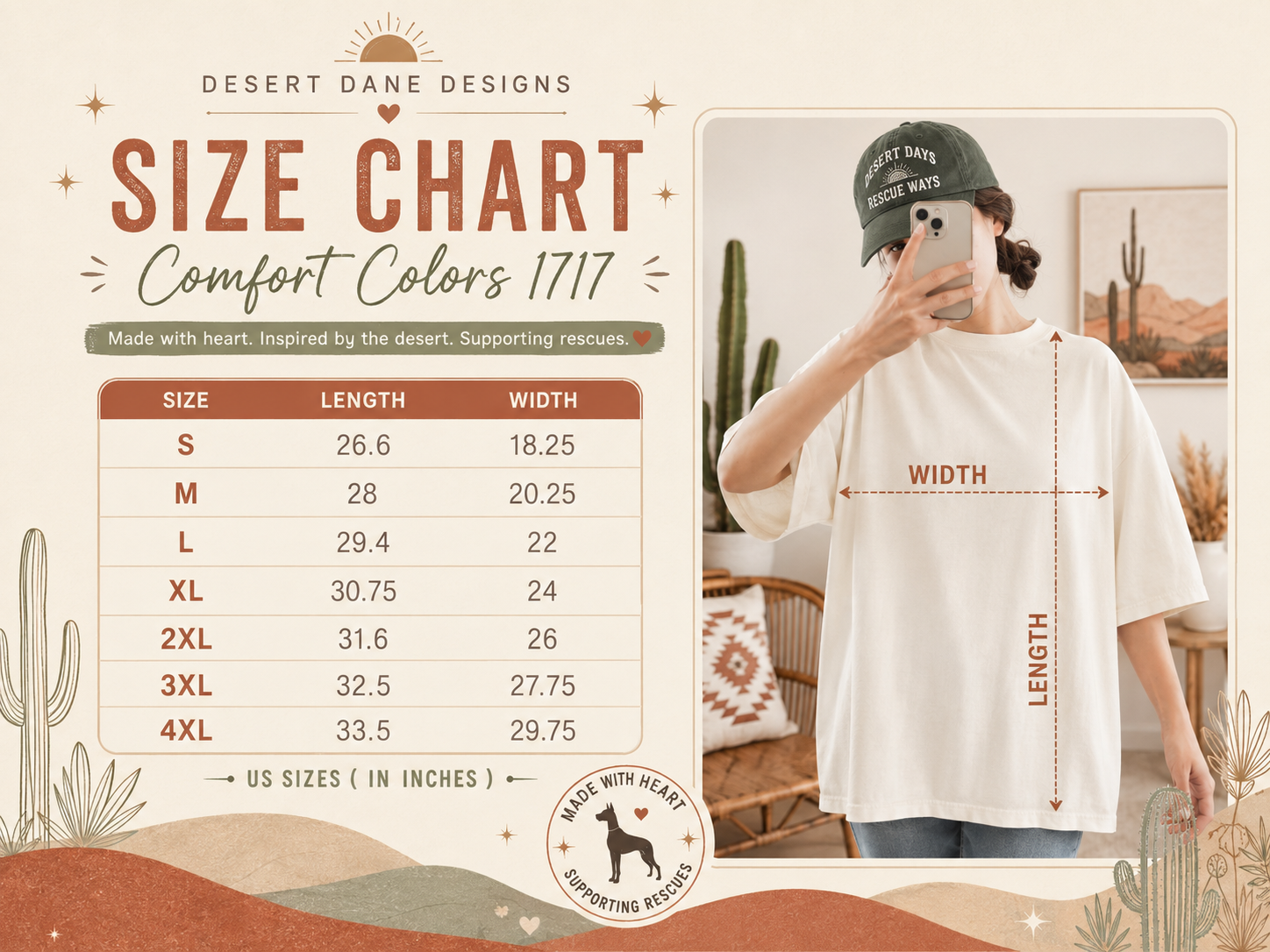Size chart for Desert Dane Designs t-shirts with measurements and desert-themed graphics.