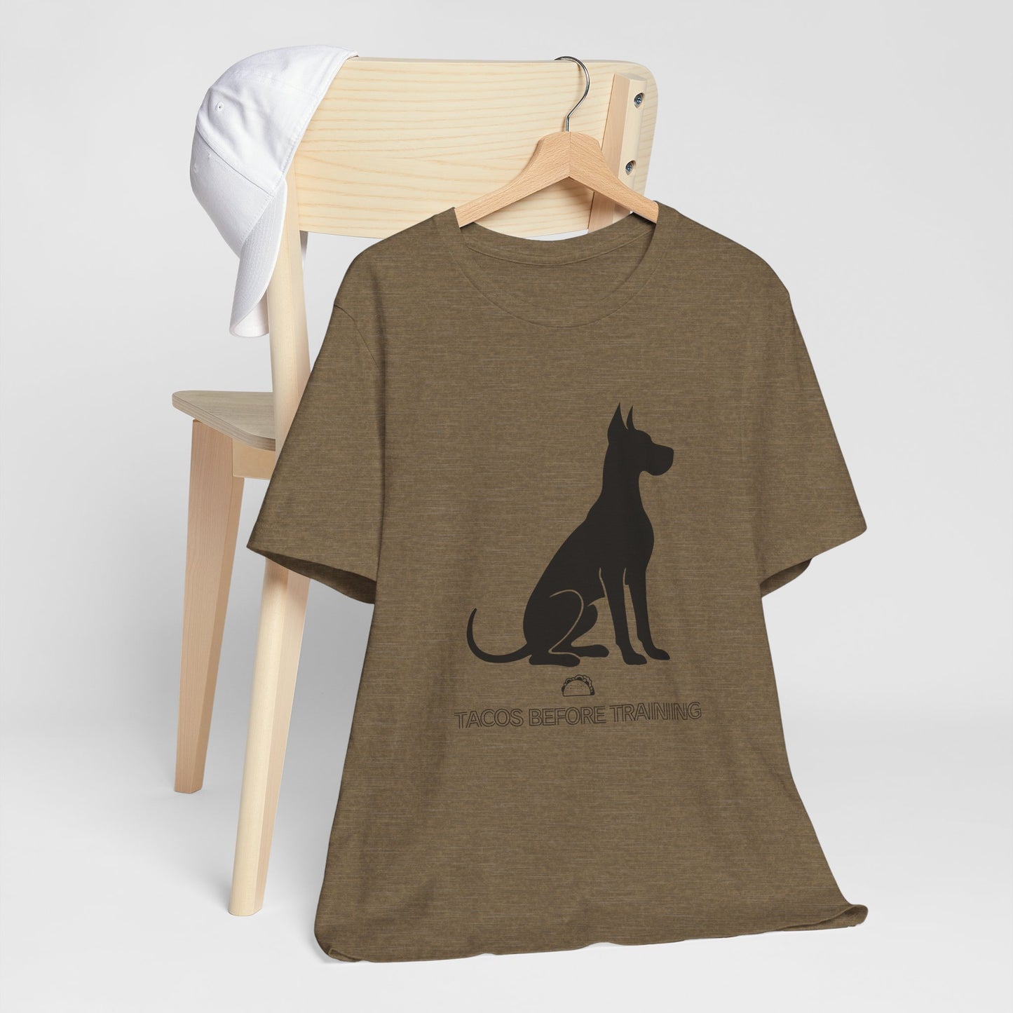 T-shirt with white Great Dane silhouette and text reading Tacos Before Training
