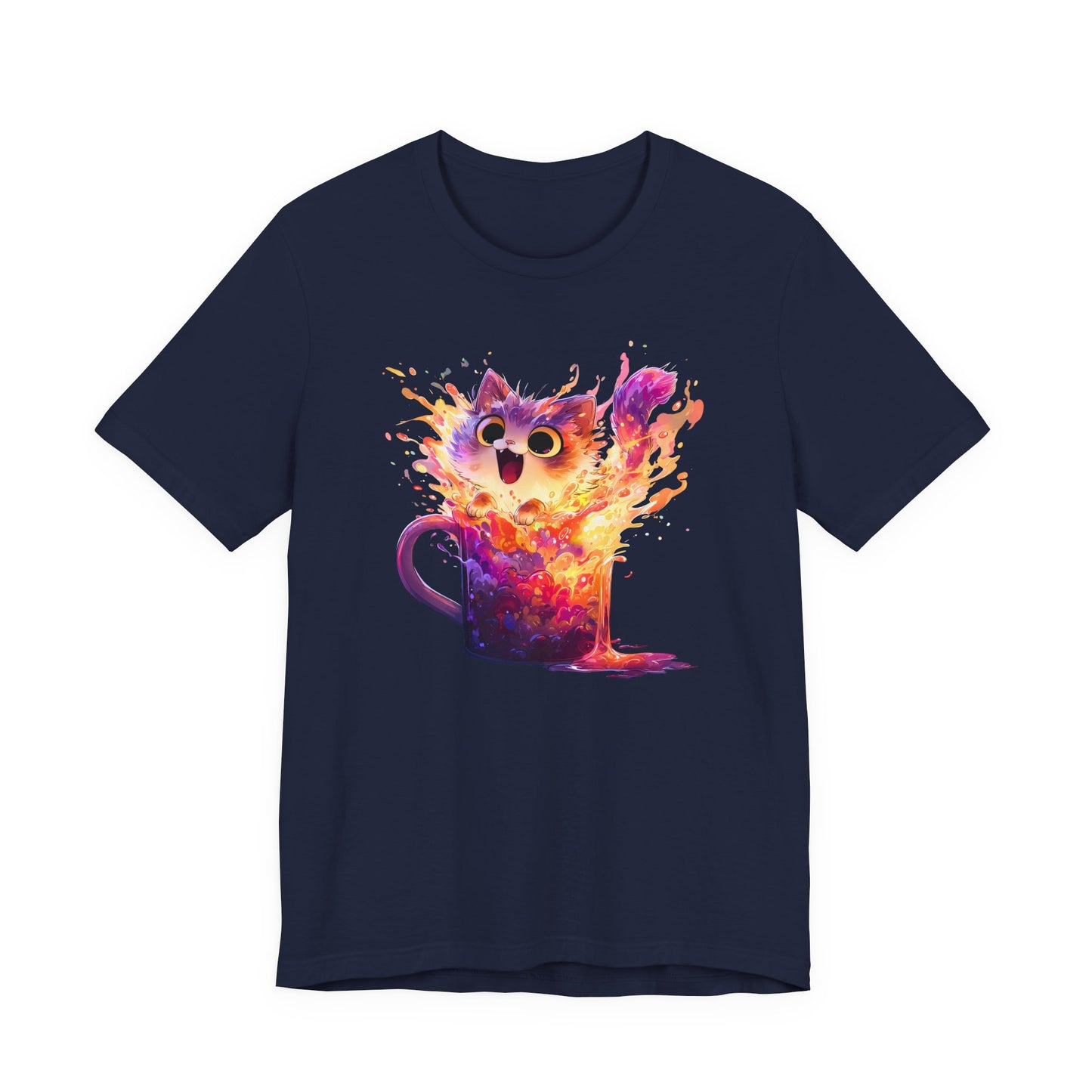 A navy blue short-sleeve crewneck t-shirt with a colorful graphic of a cat-shaped mug bursting with orange, yellow, and purple paint-like splashes.