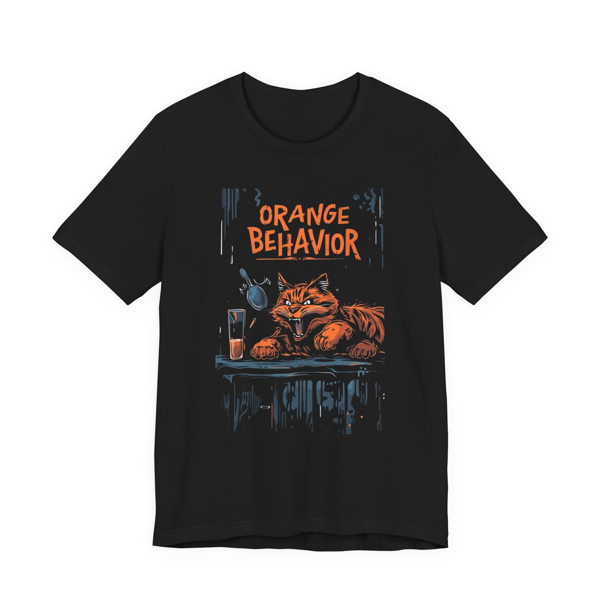 Black t-shirt with 'Orange Behavior' graphic design featuring a fox and a glass on a white background