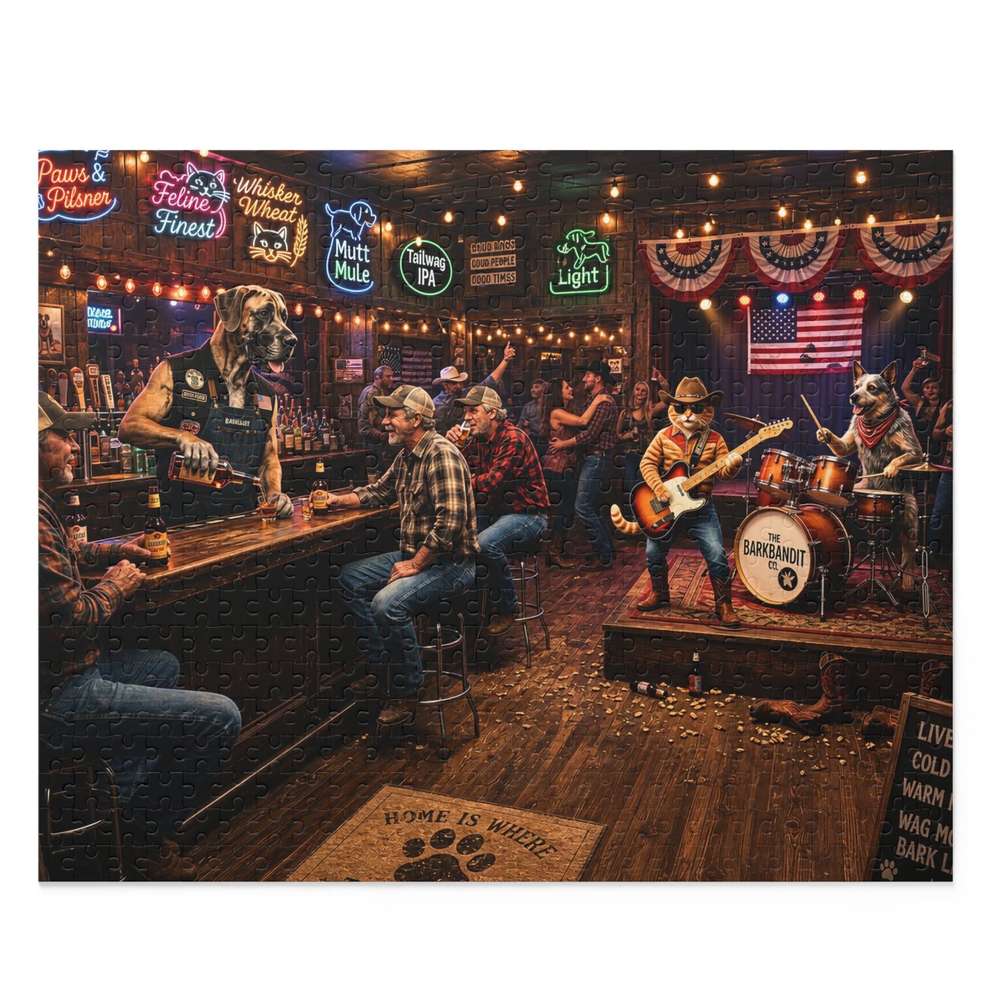 honky tonk pet band jigsaw puzzle with orange tabby guitarist, Great Dane bartender, dog drummer, neon signs, and country bar scene with patrons.