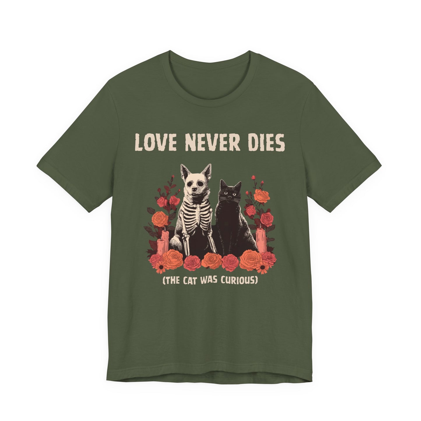 Green t-shirt with dog and cat skeleton design and 'Love Never Dies' text on a white background
