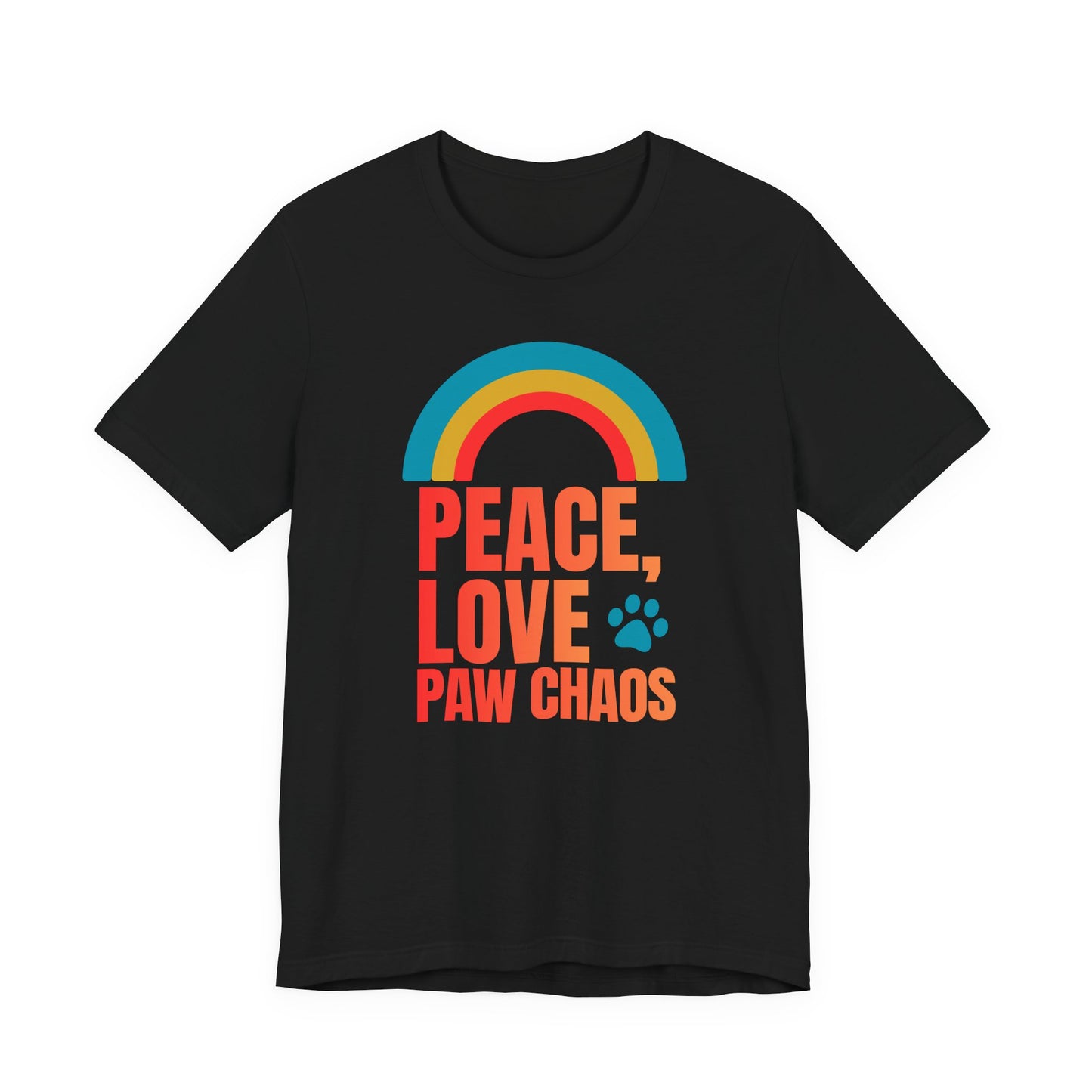 Peace Love Paw Chaos retro rainbow t-shirt, black, unisex pet lover tee