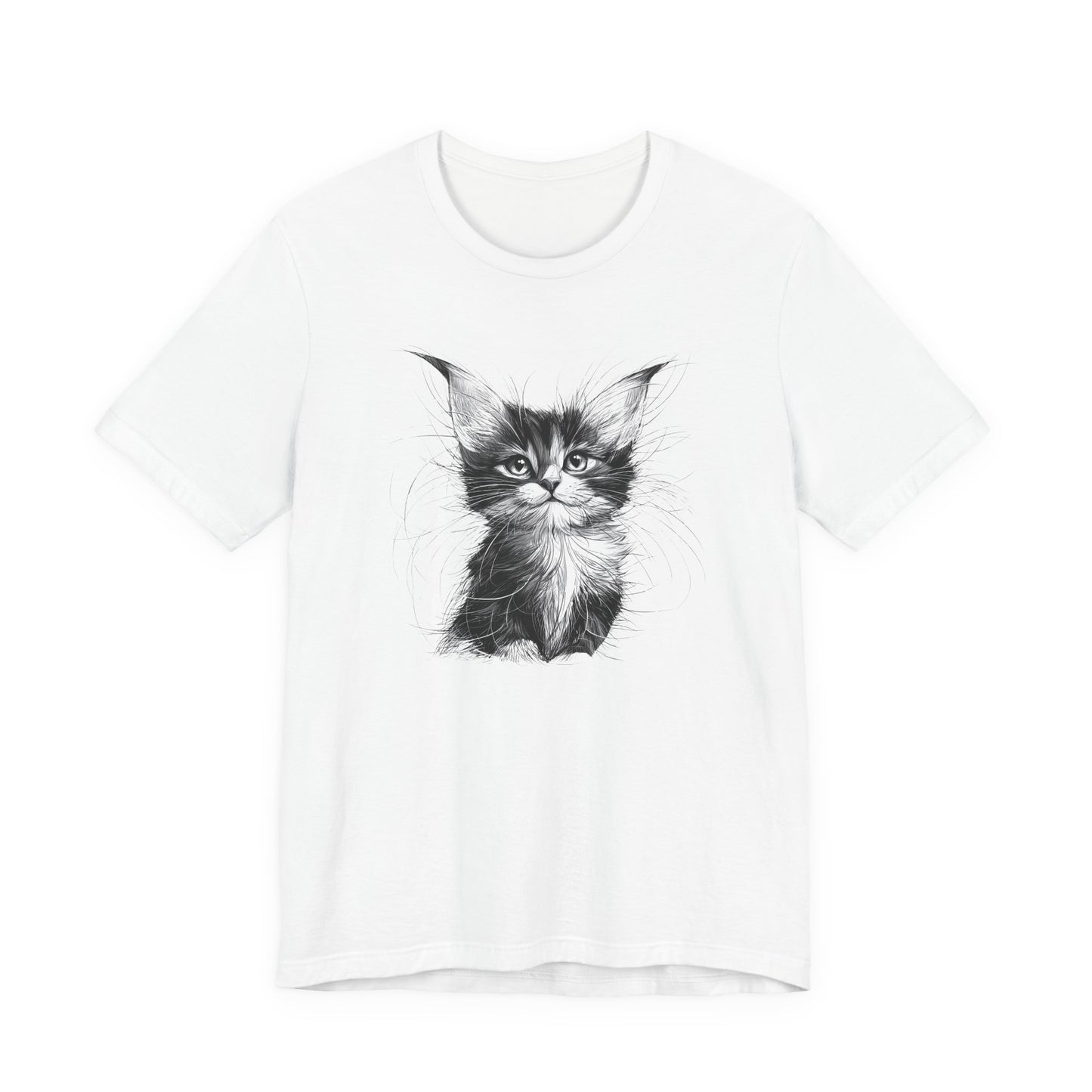 Black & White Kitten Sketch Tee with fluffy rescue kitten portrait on white unisex t-shirt