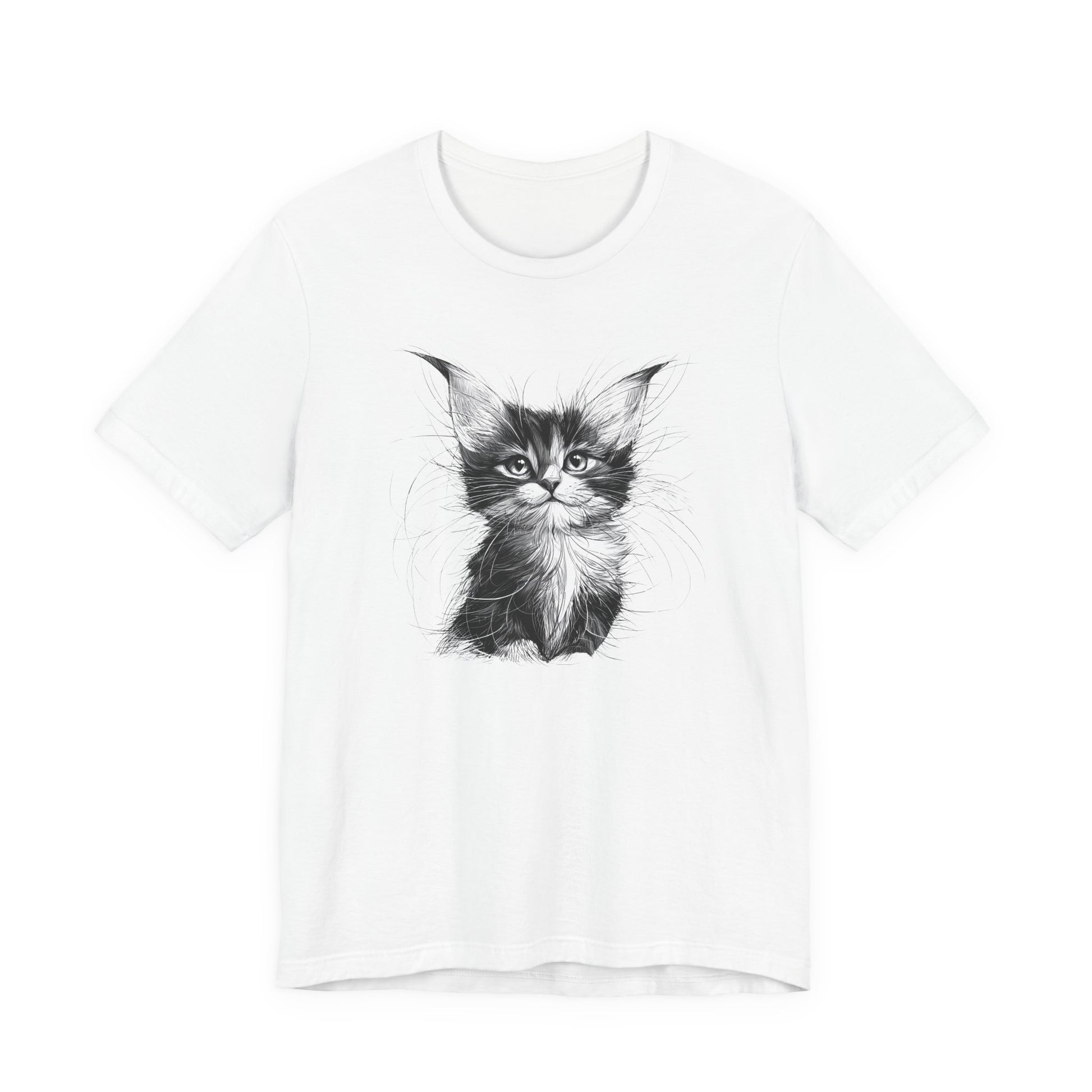 Black & White Kitten Sketch Tee with fluffy rescue kitten portrait on white unisex t-shirt