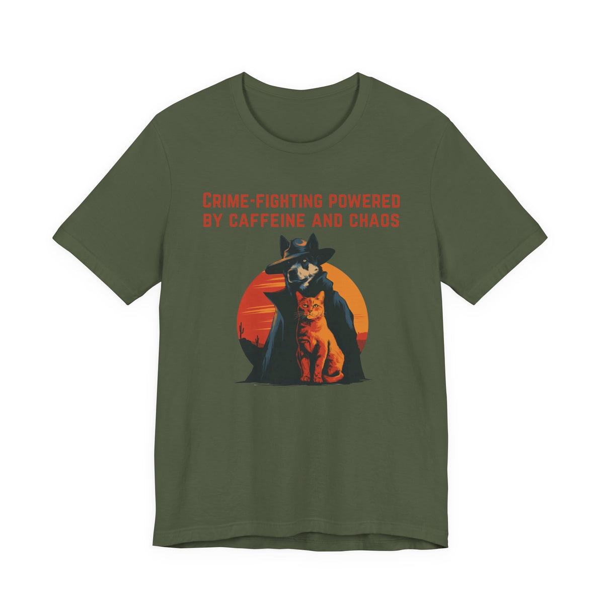 Olive green t-shirt showcasing a dog and cat graphic with 'Crime-Fighting Powered by Caffeine and Chaos.'