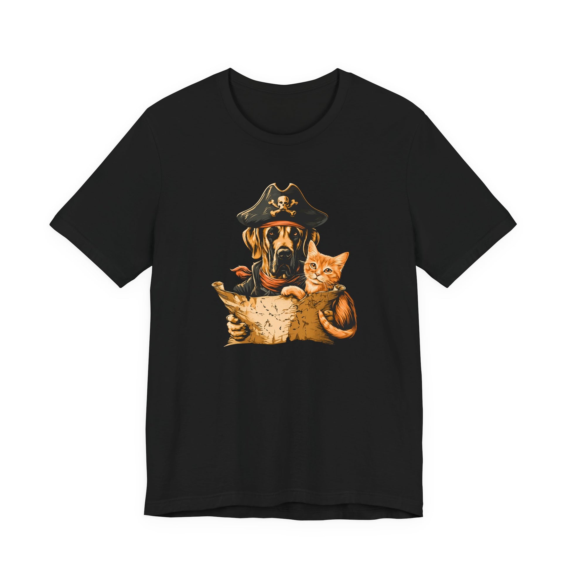 Black tee featuring a pirate dog holding a treasure map with a cat beside it.