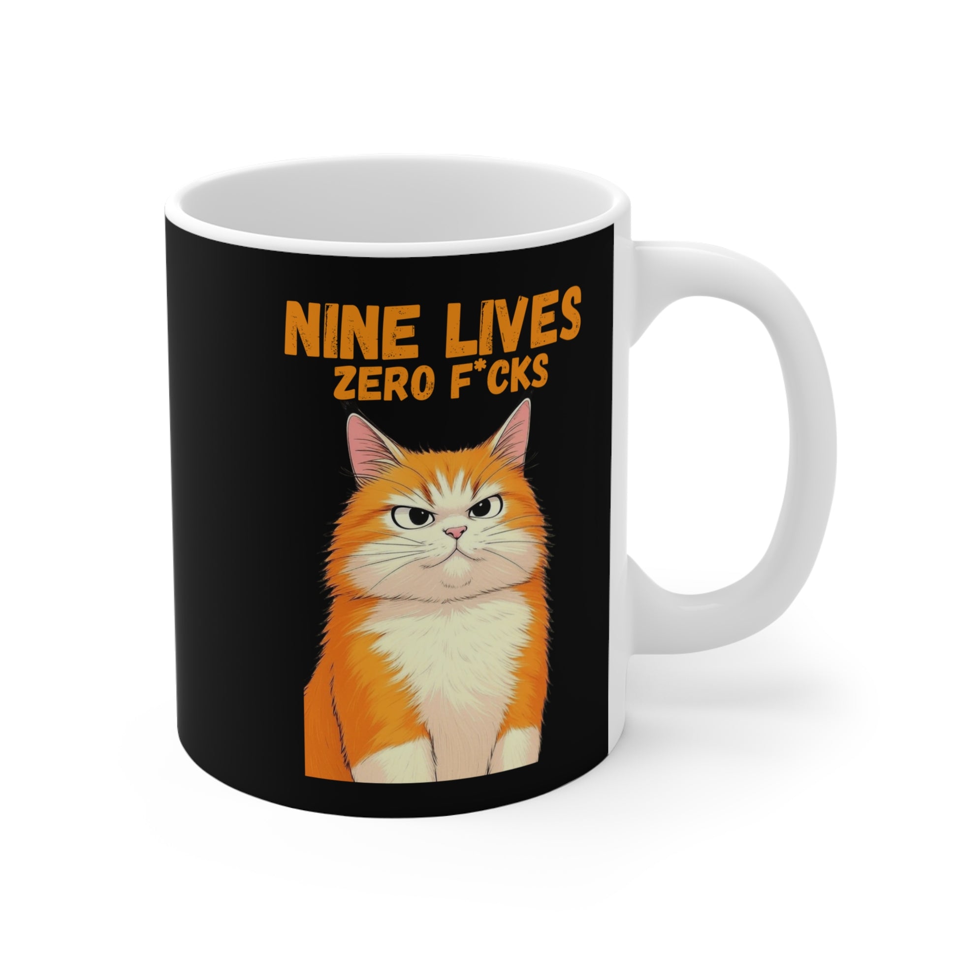Mug with a cat illustration and text 'Nine Lives Zero F*cks' on a black background. 
Nine Lives Zero F*cks
Zero F*cks Cat
Orange Cat
Spicy Orange Cat
Funny Cat Mug
Attitude Cat
Sarcastic Cat
Cat Meme
Cat Humor
Cat Lover Gift
Cat Mom
Cat Dad
11oz Coffee Mug
Funny Coffee Cup
Pet Humor Mug
Pet Lover Merch
Animal Themed Gifts
Cute Pet Merch
Coffee Mug Gift
Funny Pet Mug