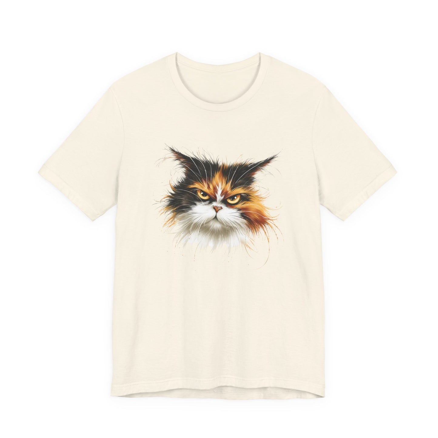 Grumpy Calico Rescue Tee with detailed angry calico cat portrait on natural unisex shirt