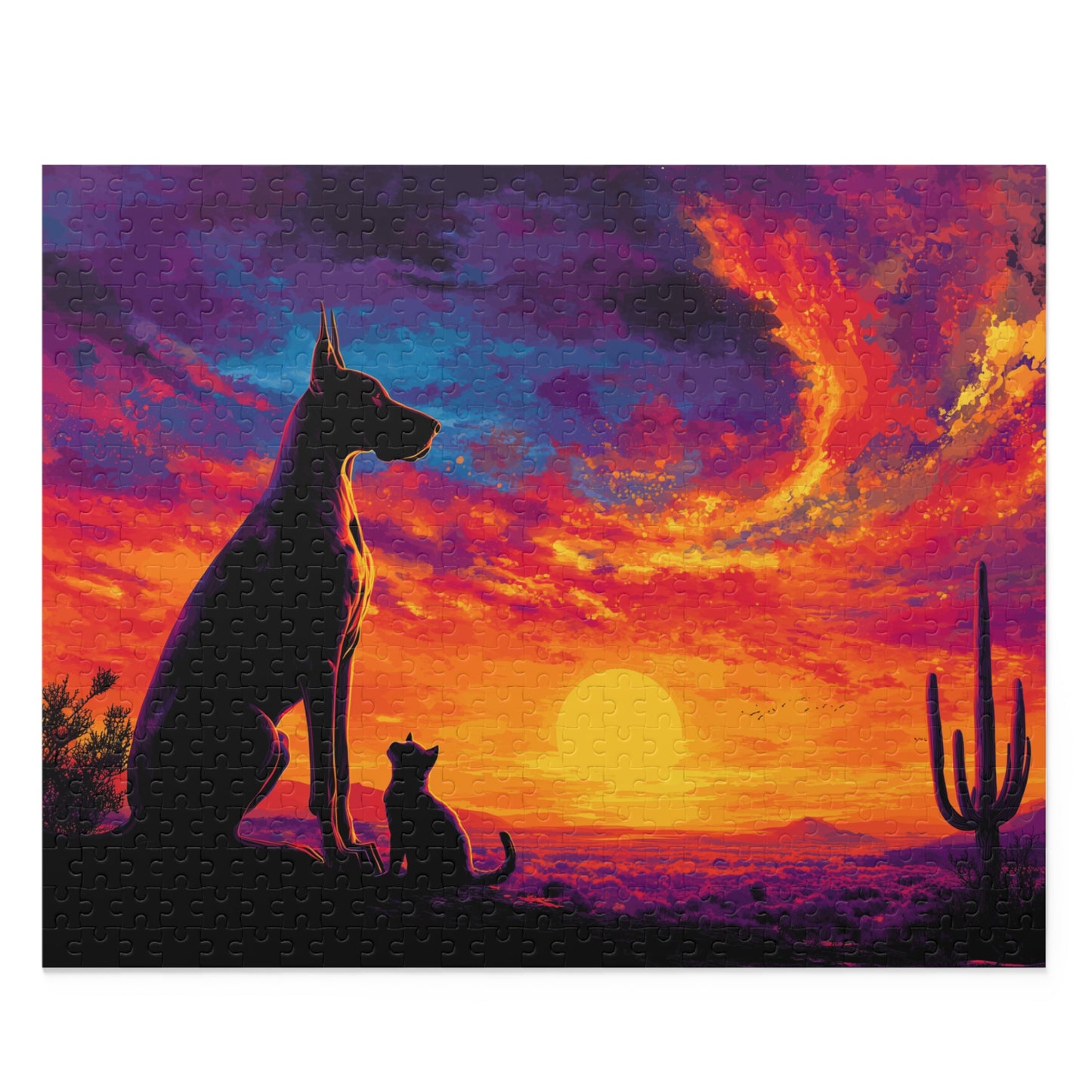 This Desert Sunset Dog &amp; Cat Jigsaw Puzzle features a silhouetted dog and cat sitting together beneath a fiery Southwest sky