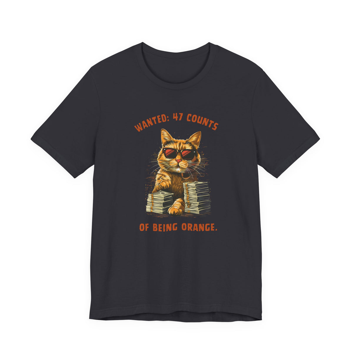 Front view of a black t-shirt with a cat graphic and the text 'Wanted: 47 Counts of Being Orange.'