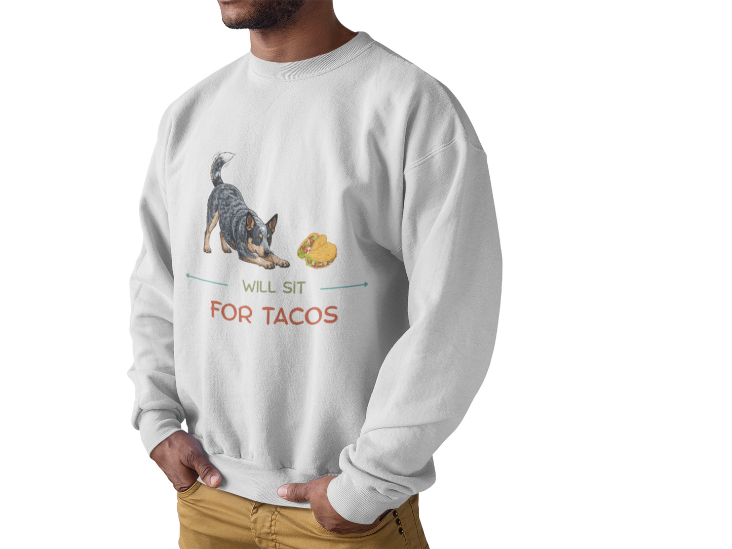 Person wearing a sweatshirt with Blue Heeler dog bowing toward tacos and text reading Will Sit for Tacos