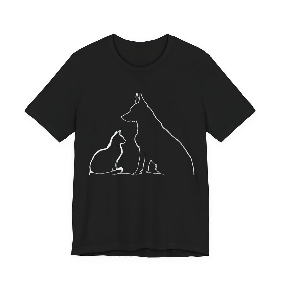 Black t-shirt with a white silhouette design of a dog and cat.