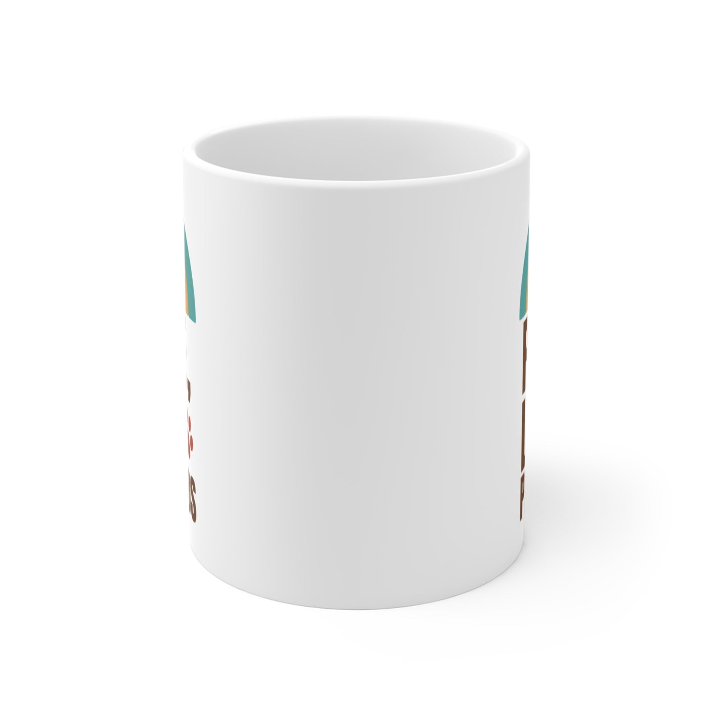 White mug with colorful design on a white background