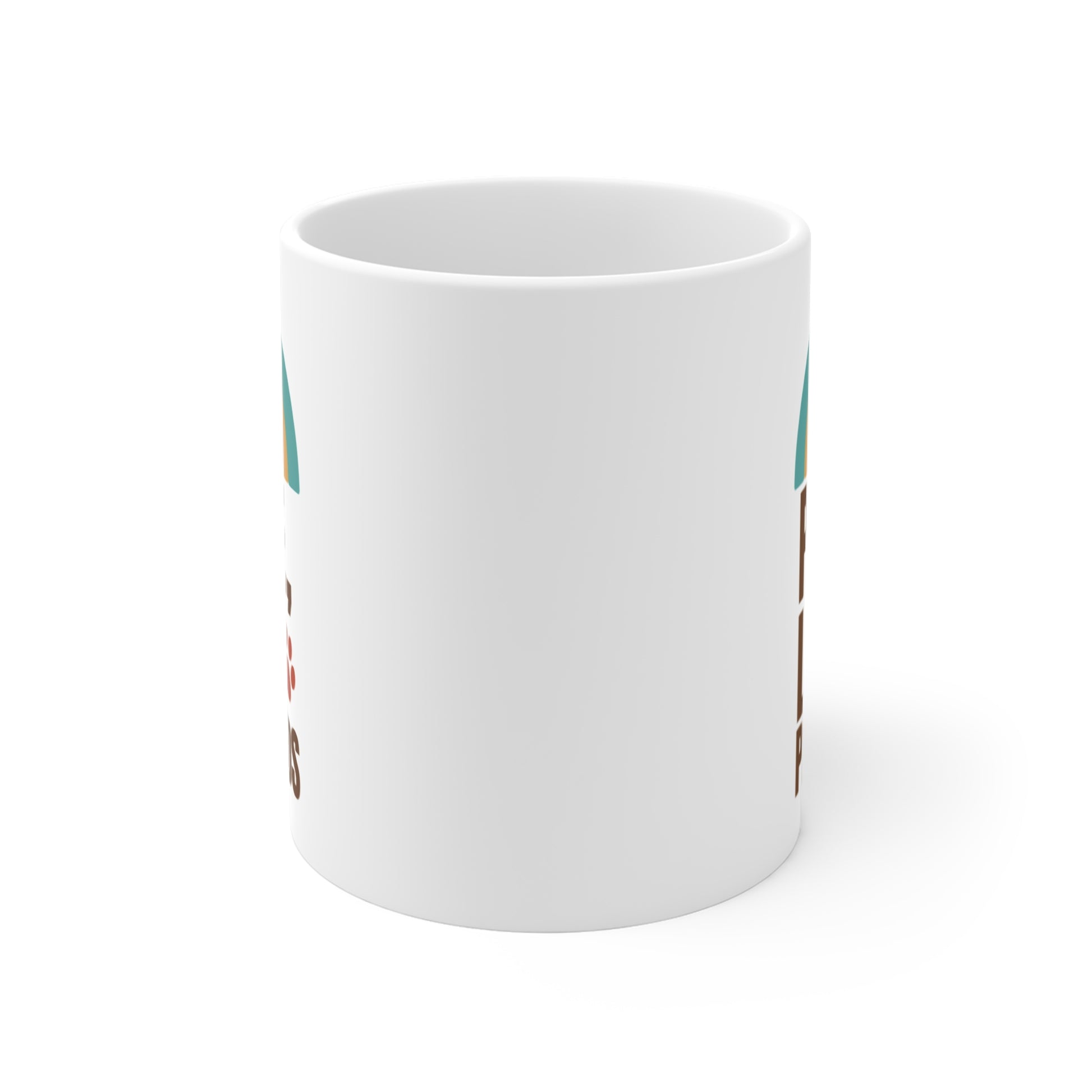 White mug with colorful design on a white background