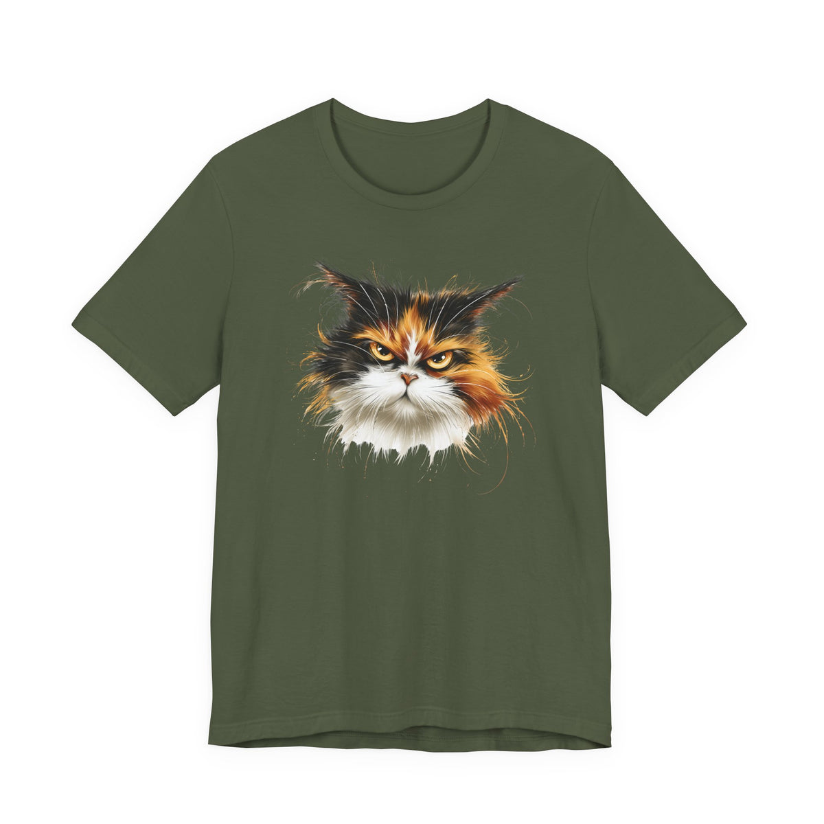 Graphic tee featuring a fierce calico cat face on an olive green shirt.