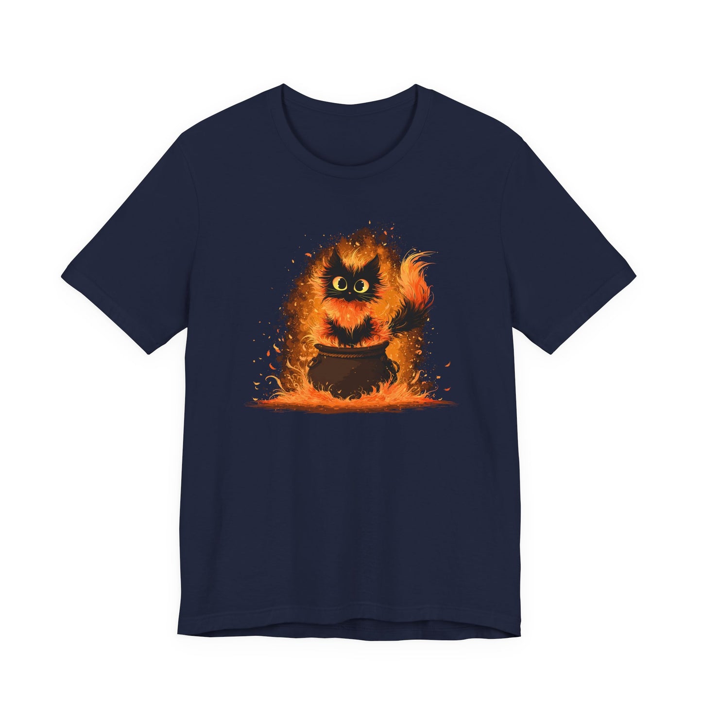 A navy blue short-sleeve crewneck t-shirt featuring a graphic print of a cute, fluffy black cat surrounded by orange flames and sparks on the chest, displayed against a solid white background.