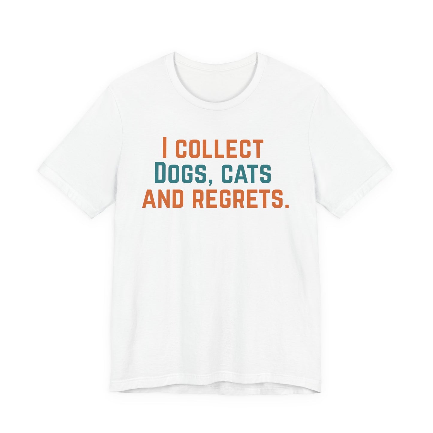 White t-shirt with humorous text design on a white background