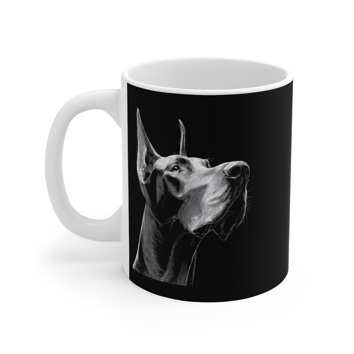 Great Dane mug featuring minimalist line art of a dog's profile on a black background