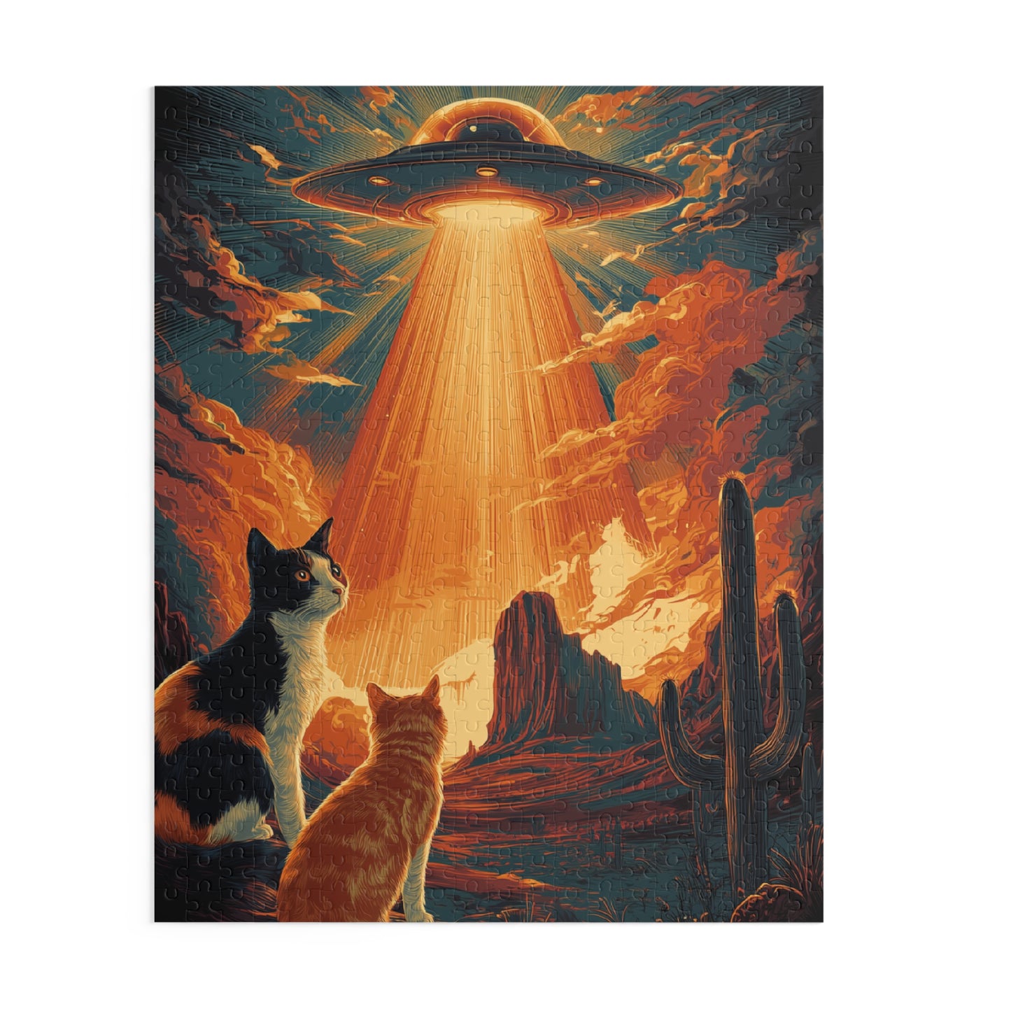 Two desert cats are watching a glowing UFO beam light up the canyon sky, and honestly, they look like they expected this. This retro sci-fi cat jigsaw puzzle
